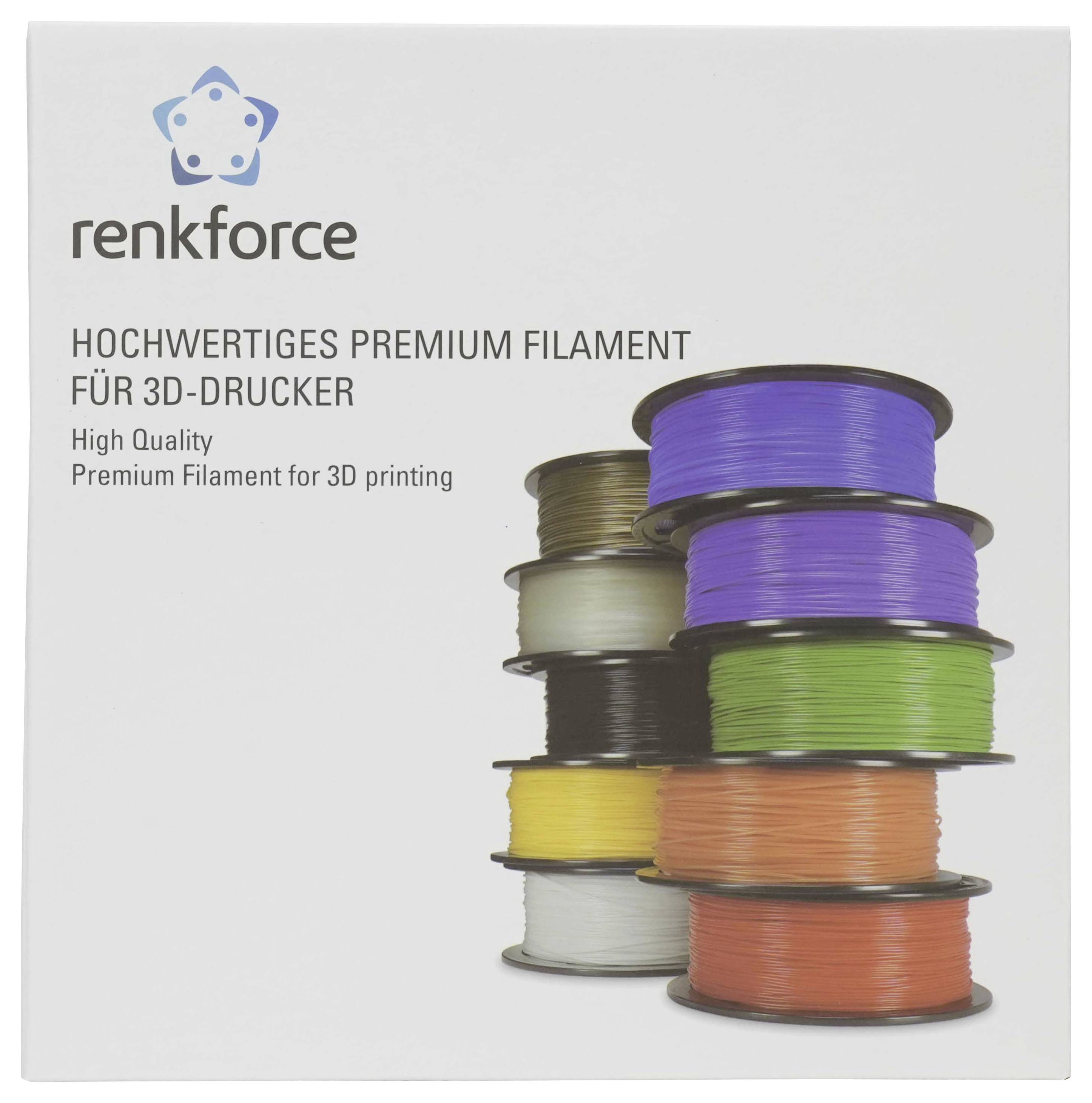 Renkforce Premium-3D-Druckerfilament-Verpackung mit gestapelten Spulen in mehreren Farben und dem Text 