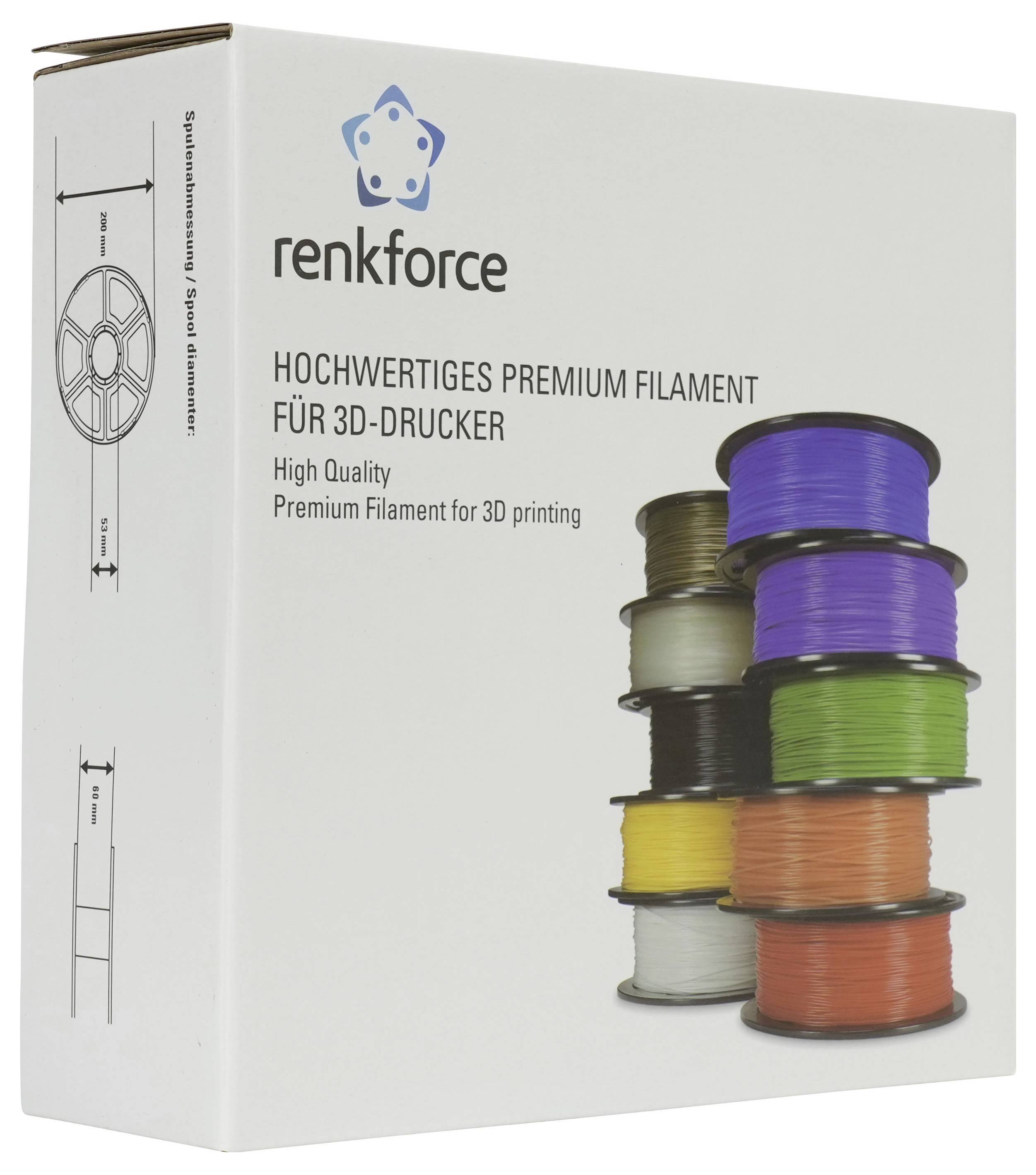 Renkforce Premium-3D-Druckerfilament-Box mit gestapelten Spulen in mehreren Farben und deutschem Text 