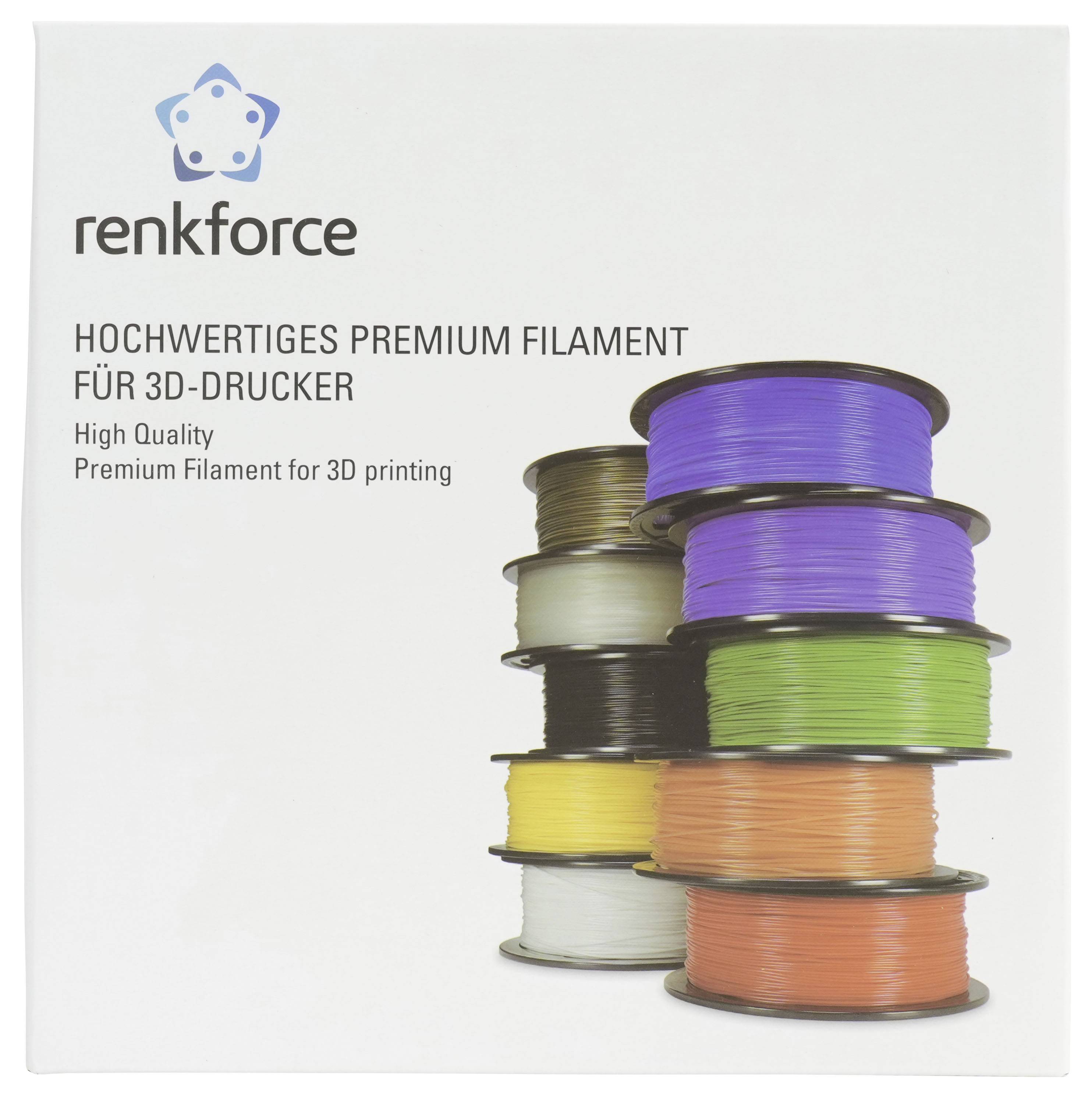 Renkforce 3D-Druckerfilament-Verpackung mit gestapelten Spulen in mehreren Farben und Text „HOCHWERTIGES PREMIUM FILAMENT FÜR 3D-DRUCKER
