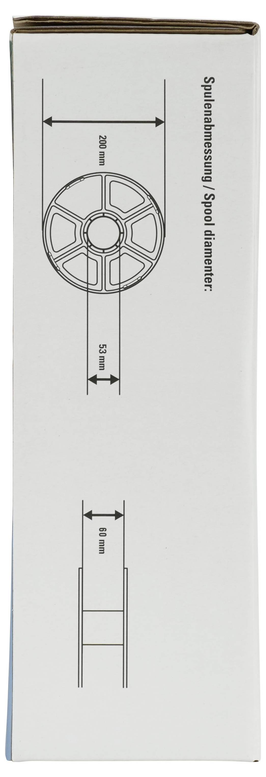 Kastendiagramm mit Spulenmittelloch und Abmessungen: „Spulenabmessung / Spulendurchmesser