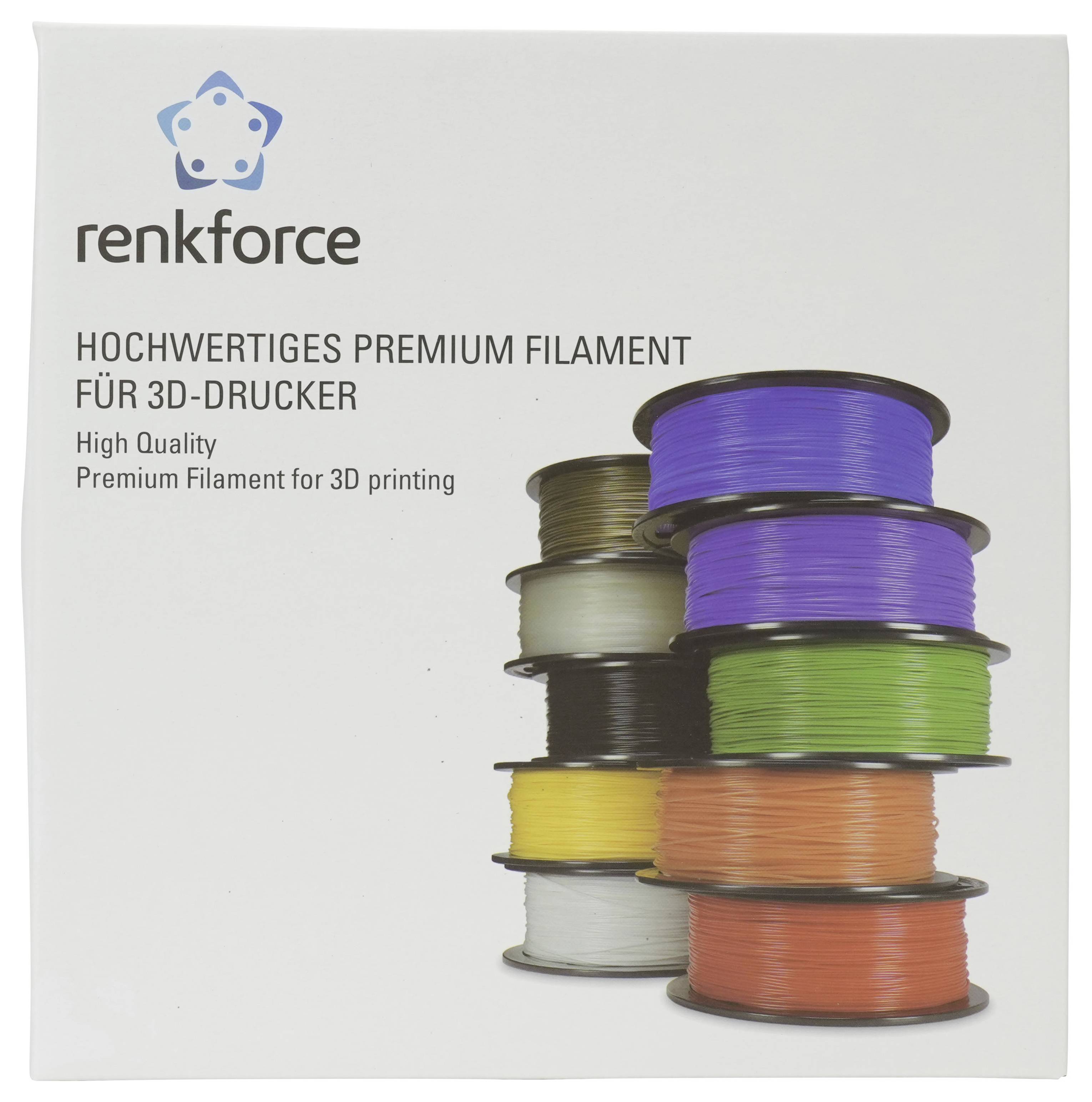 Renkforce Premium 3D-Drucker-Filament-Verpackung mit gestapelten Spulen in Blau, Lila, Grün, Orange, Gelb, Weiß, Schwarz und Grau