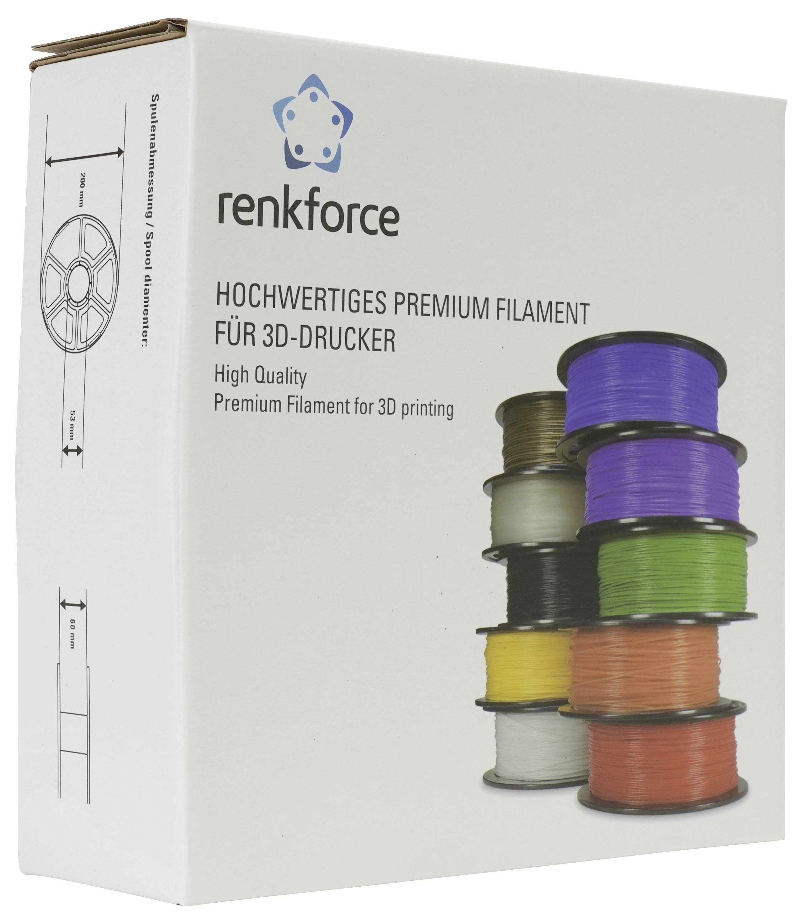 Renforce Premium 3D-Drucker-Filament-Box mit mehreren farbigen Filament-Spulen auf der Vorderseite gezeigt, auf Deutsch und Englisch gekennzeichnet.