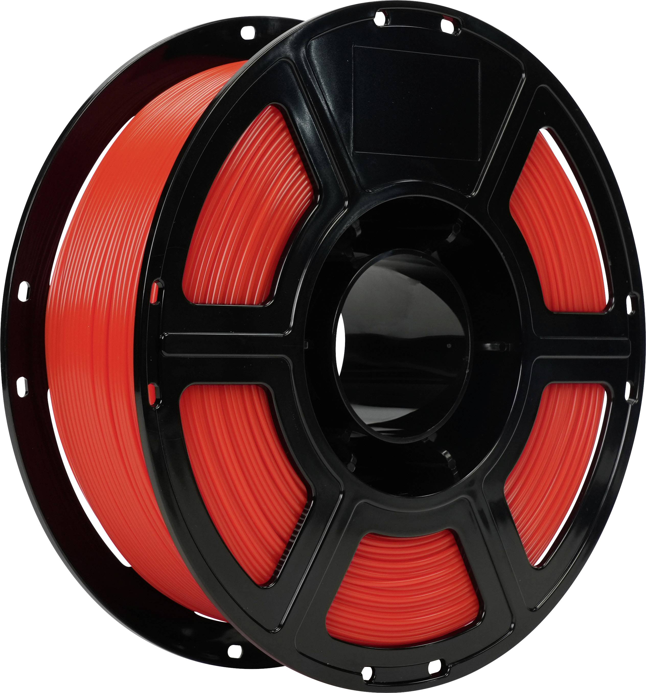 Schwarze Spule mit leuchtendem rotem Filament zum 3D-Druck, shown auf weißem Hintergrund.