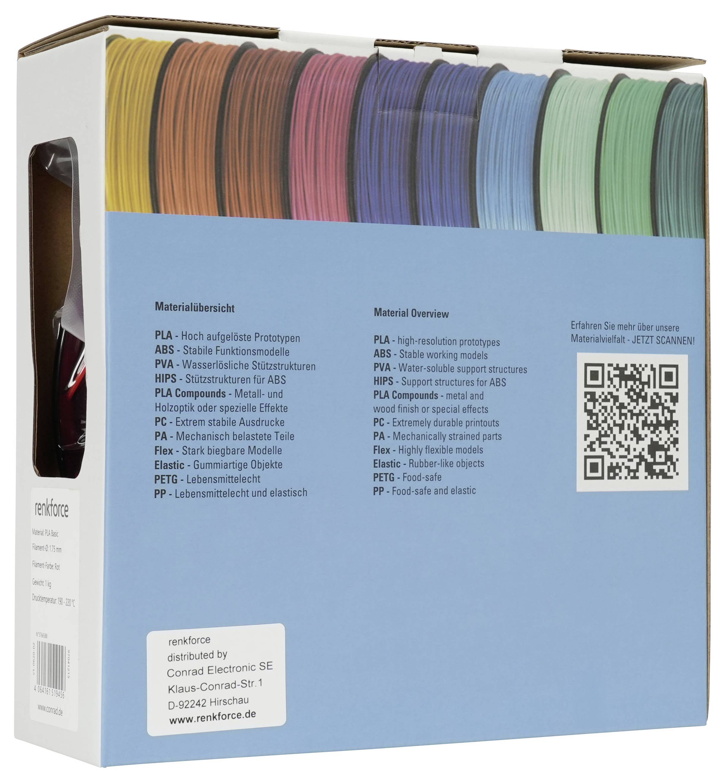 Produktbox mit farbenfrohen 3D-Drucker-Filamentspulen, gekennzeichnet mit 