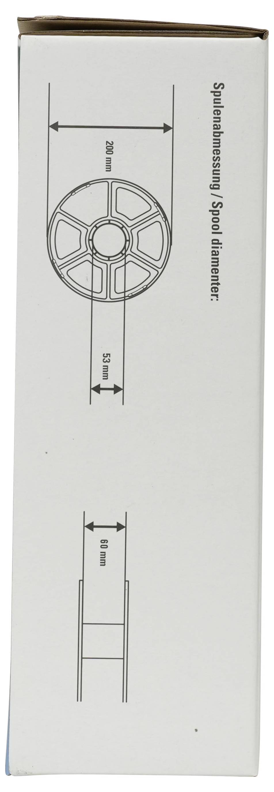 Seitenansicht einer Spulenkernbox mit Abmessungen: 88 mm Durchmesser, 53 mm Breite und 8 mm Lochdurchmesser, bezeichnet mit „Spulabmessung / Spulendurchmesser