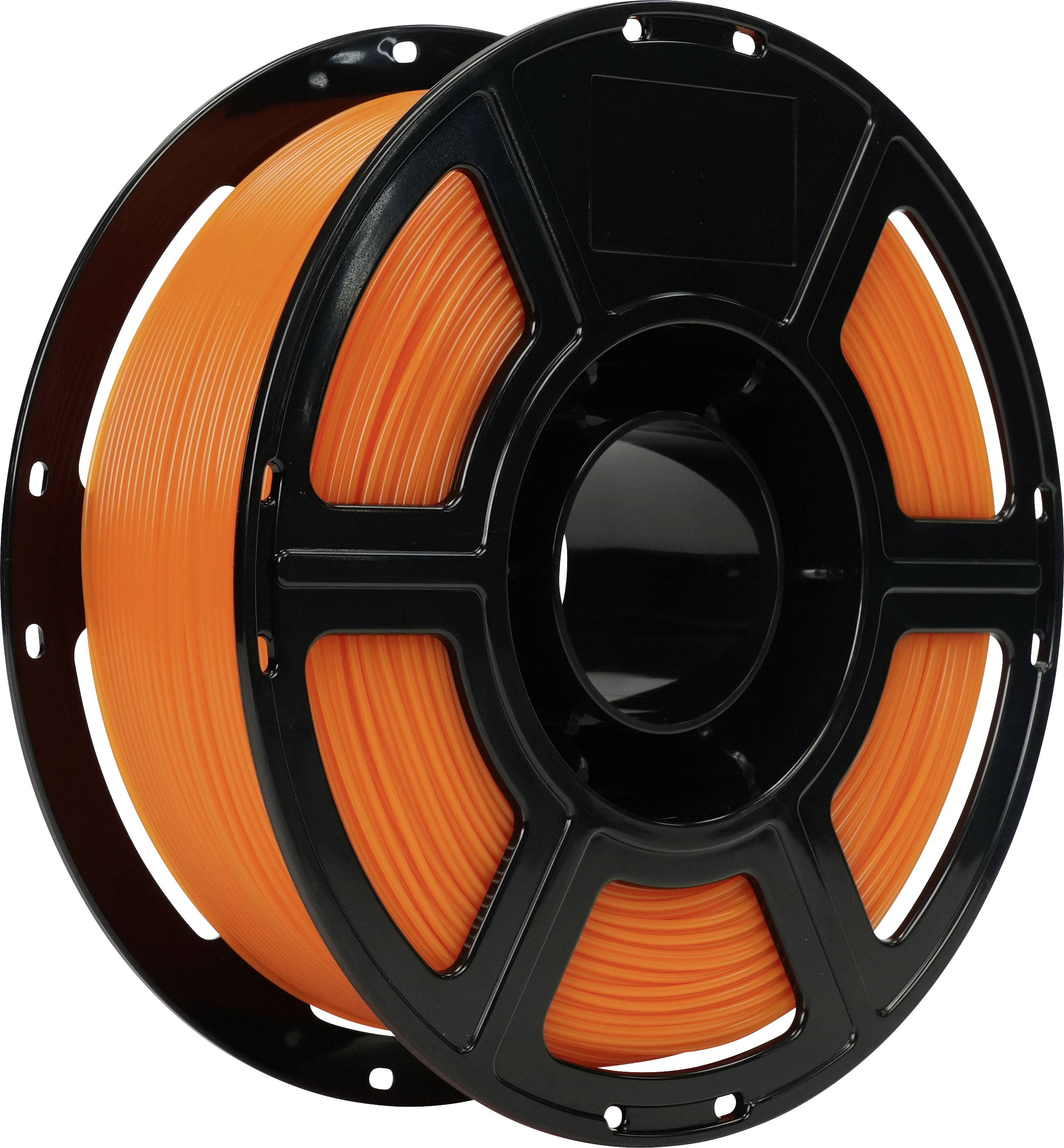 Schwarze Spule mit orangefarbenem 3D-Drucker-Filament auf weißem Hintergrund.