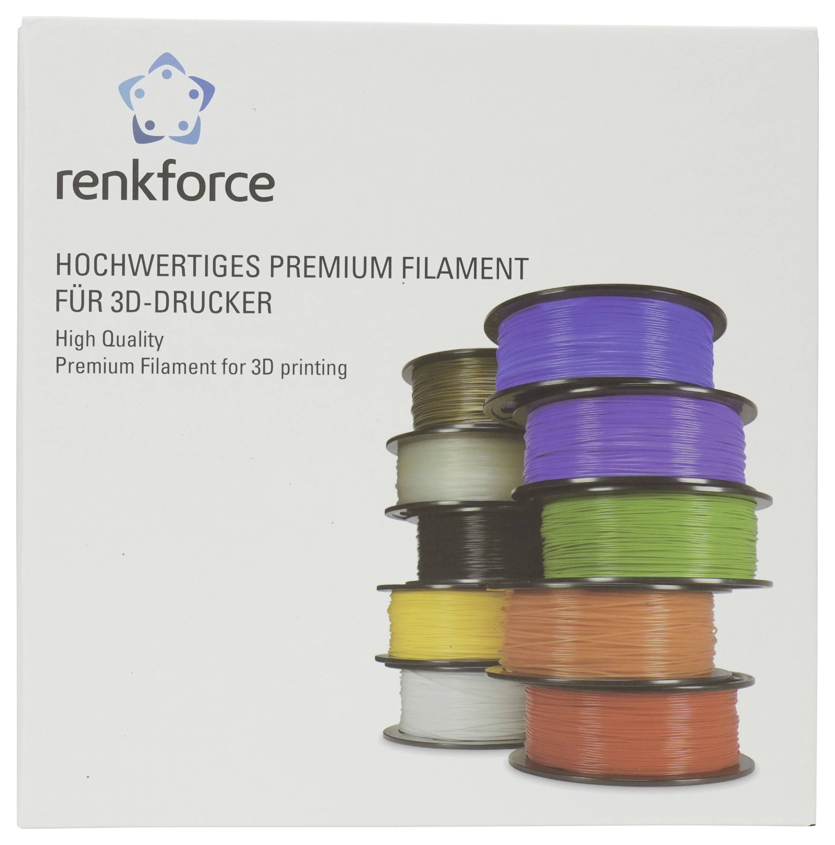 Renkforce premium 3D-Drucker-Filament-Box mit gestapelten Spulen in mehreren Farben und dem Text „Hochwertiges Premium-Filament zum 3D-Druck