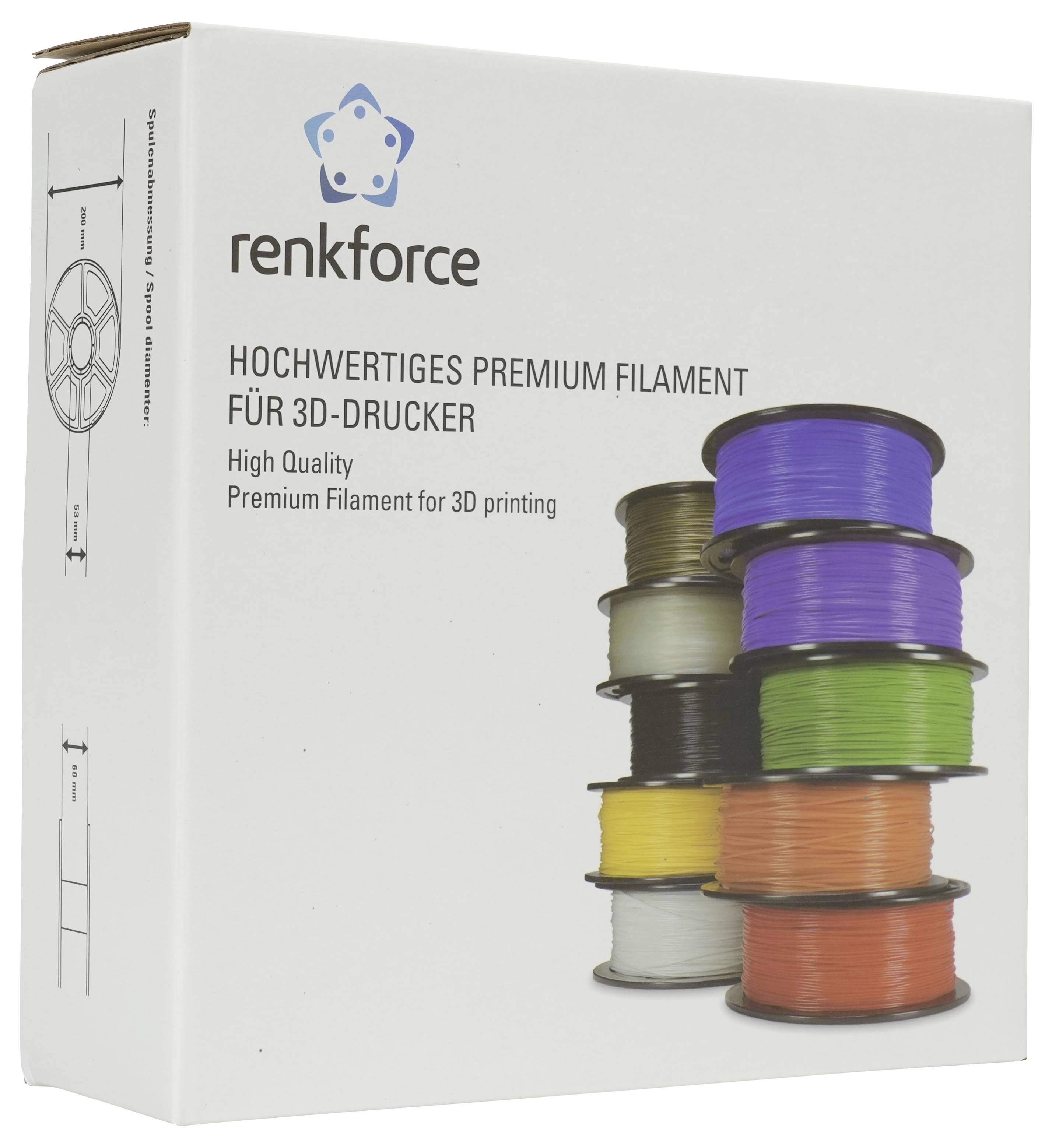 Renkforce 3D-Druckerfilament-Box mit der Aufschrift „Hochwertiges Premium-Filament für 3D-Drucker