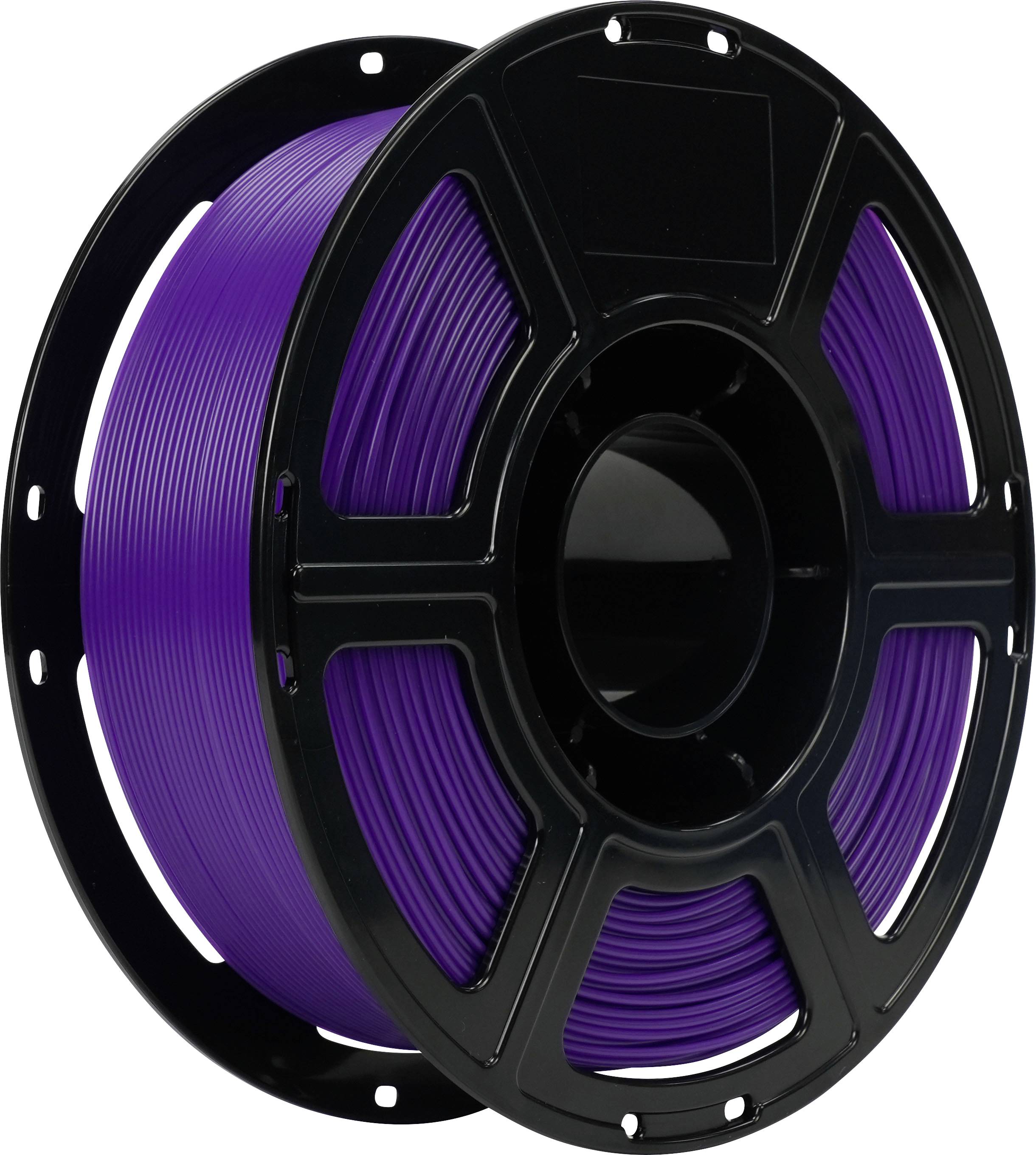 Schwarze Spule mit violettem 3D-Druckfilament auf weißem Hintergrund.
