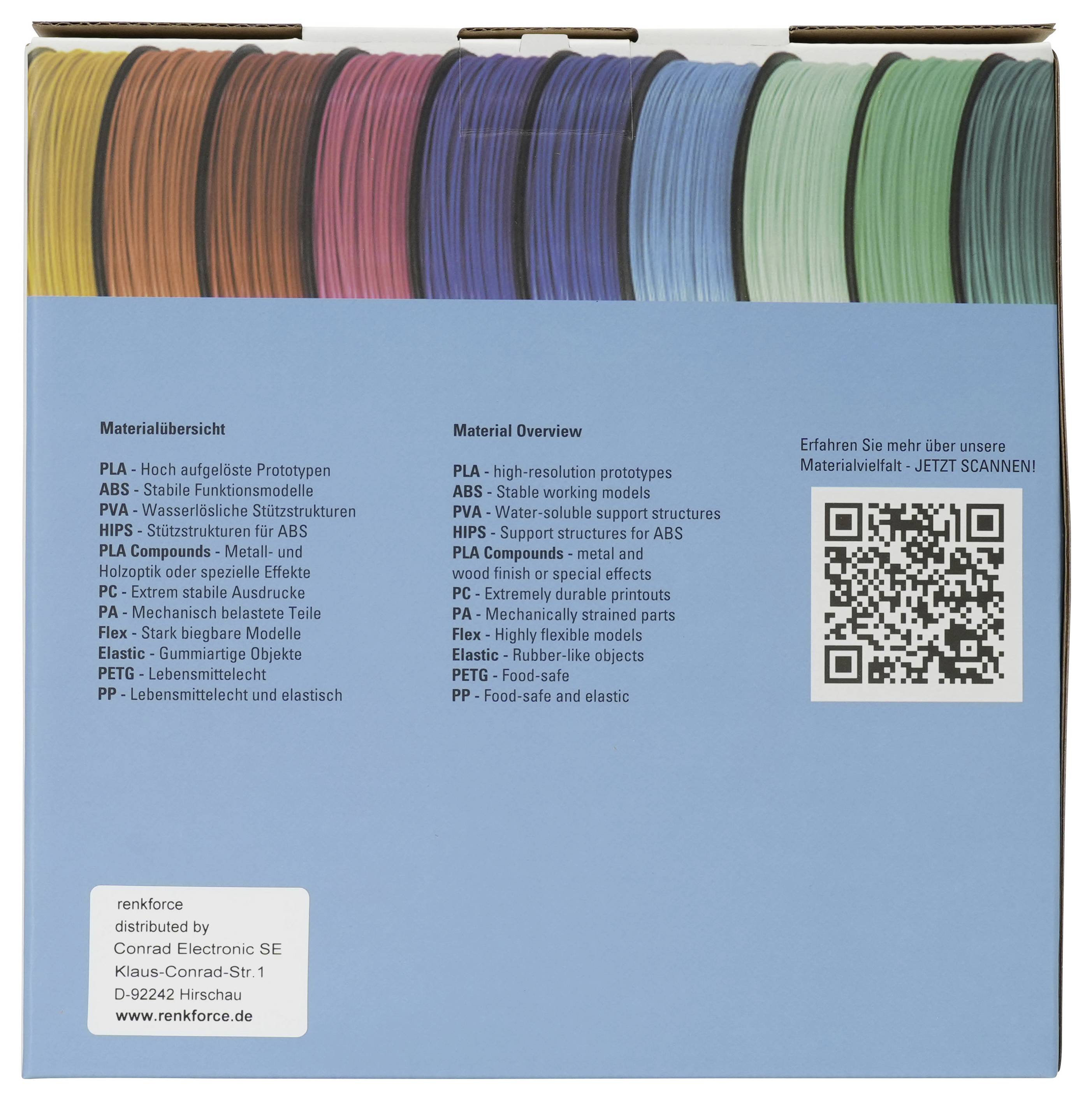 Karton mit mehrfarbigen 3D-Drucker-Filamentspulen mit Materialübersichtstext und QR-Code für weitere Informationen.