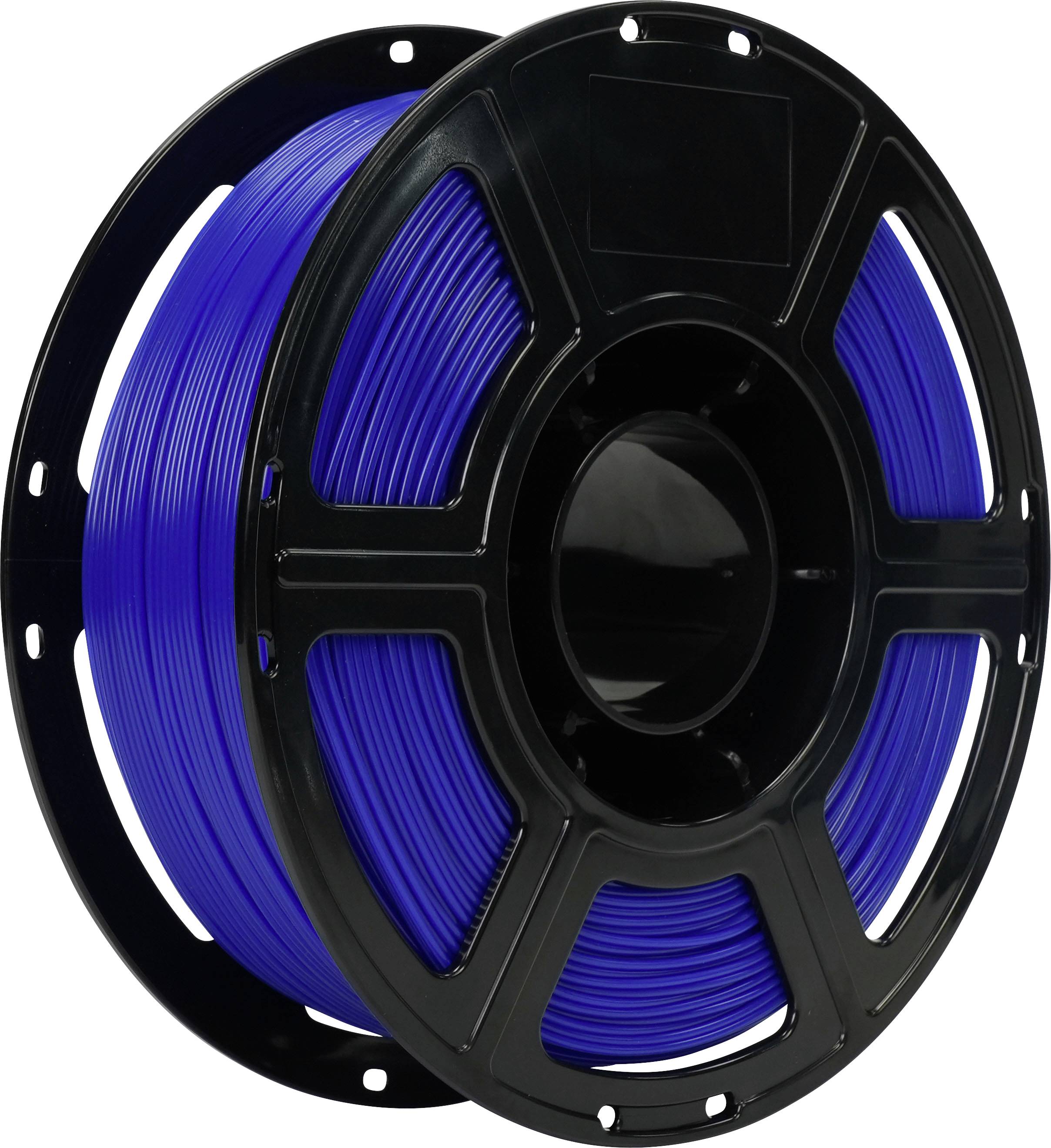 Schwarze Spule mit leuchtend blauem 3D-Druckfilament auf weißem Hintergrund.