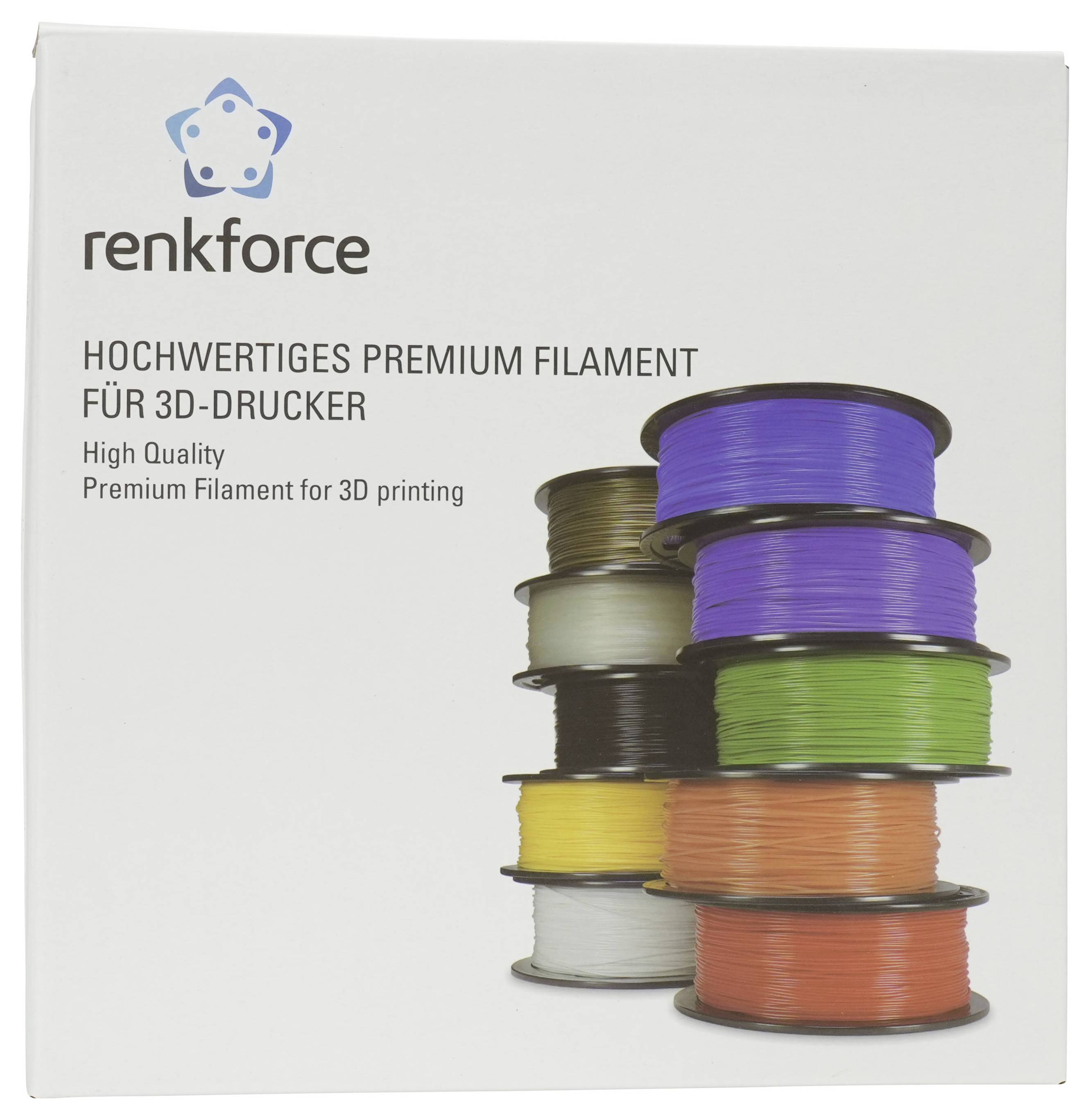 Renkforce Premium-3D-Drucker-Filament-Paket mit gestapelten Spulen in mehreren Farben und dem Text „Hochwertiges Premium-Filament für 3D-Drucker