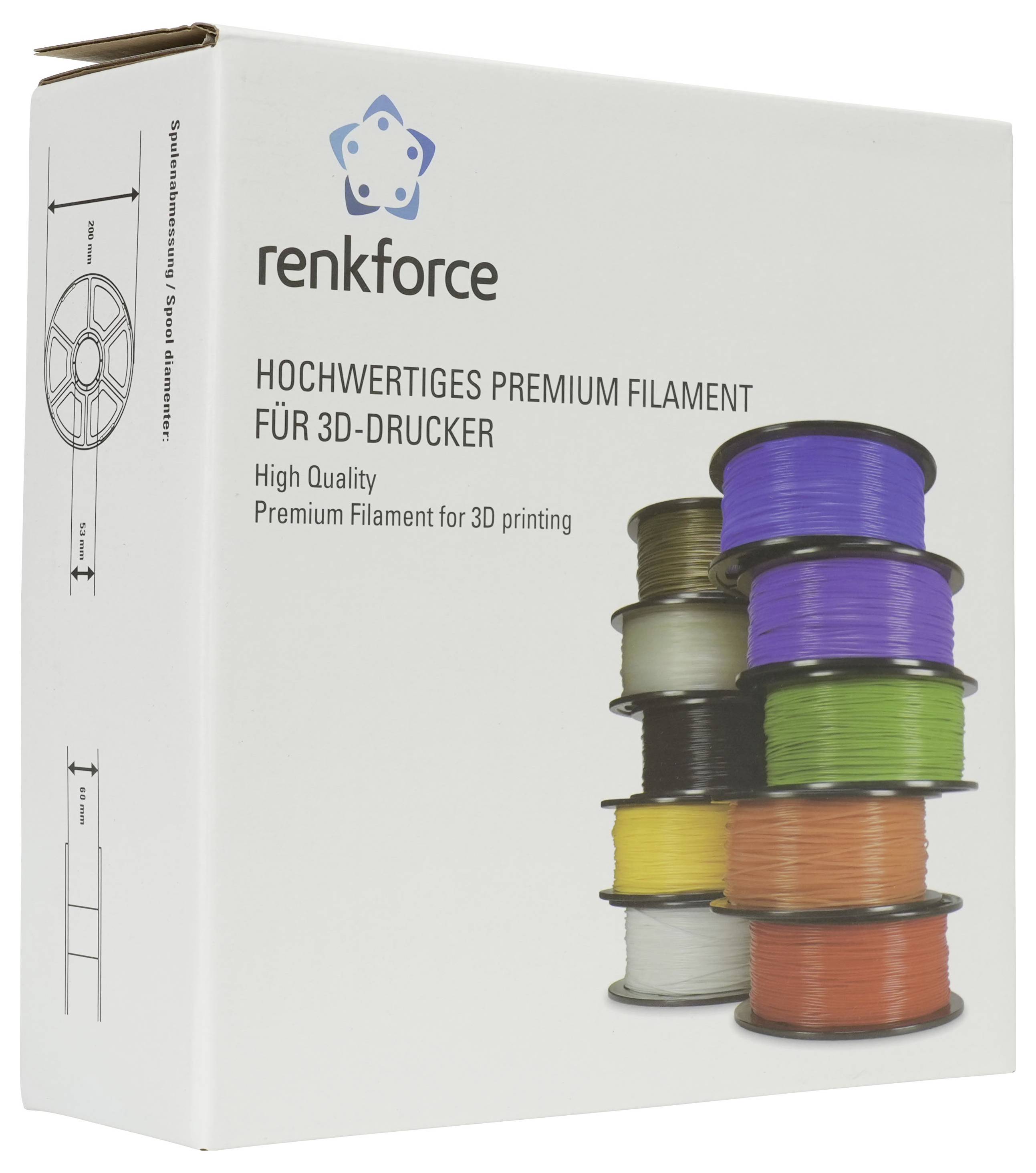 Verstärkter 3D-Drucker-Filamentkarton mit der Aufschrift „Hochwertiges Premium Filament für 3D-Drucker