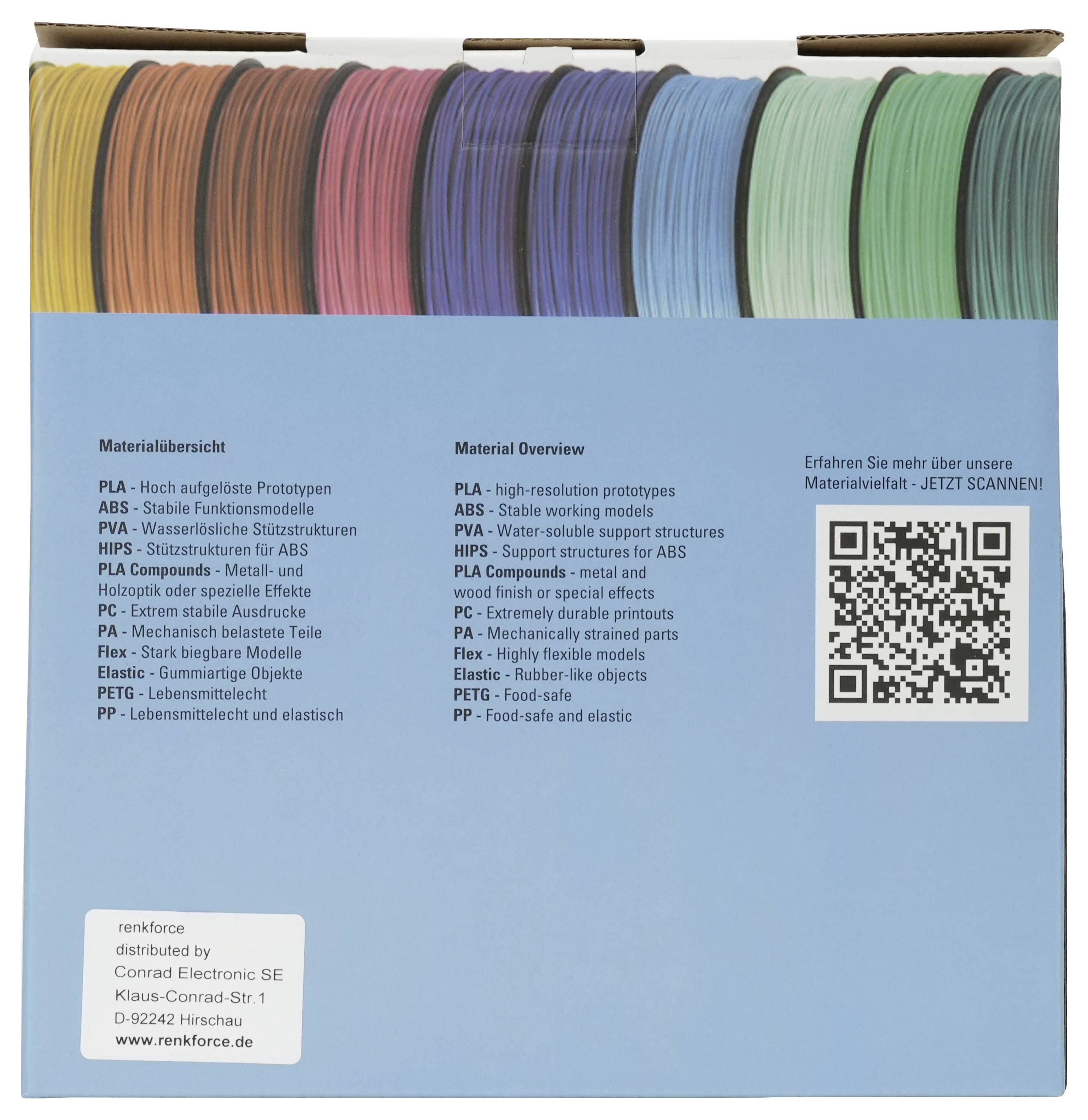 Blaue Verpackungsbox mit Reihen mehrfarbiger 3D-Drucker-Filamentspulen und einem zweisprachigen 