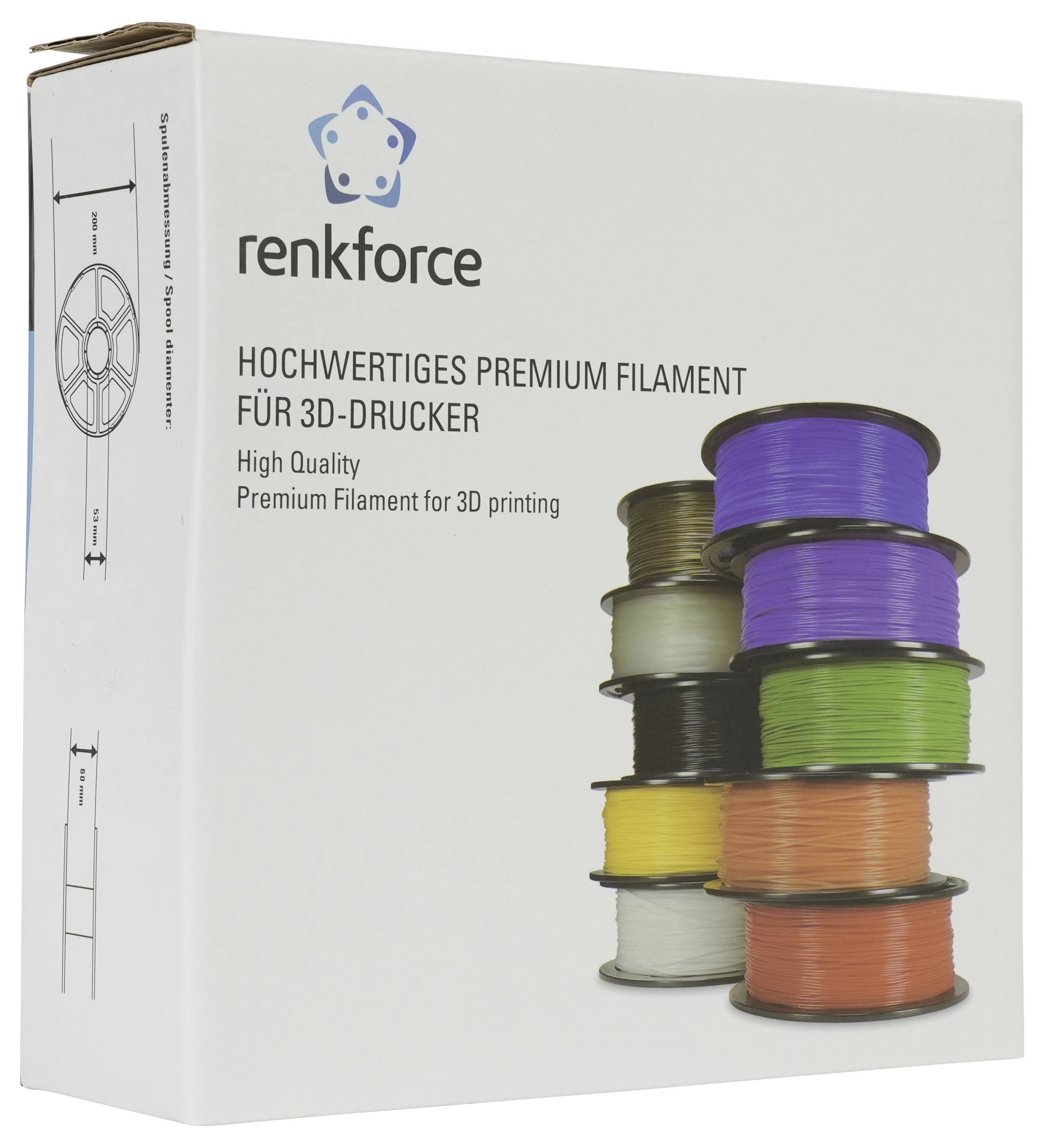 Schachteln von Renkforce Premium 3D-Drucker-Filament, die gestapelte bunte Filamentspulen und den Text 