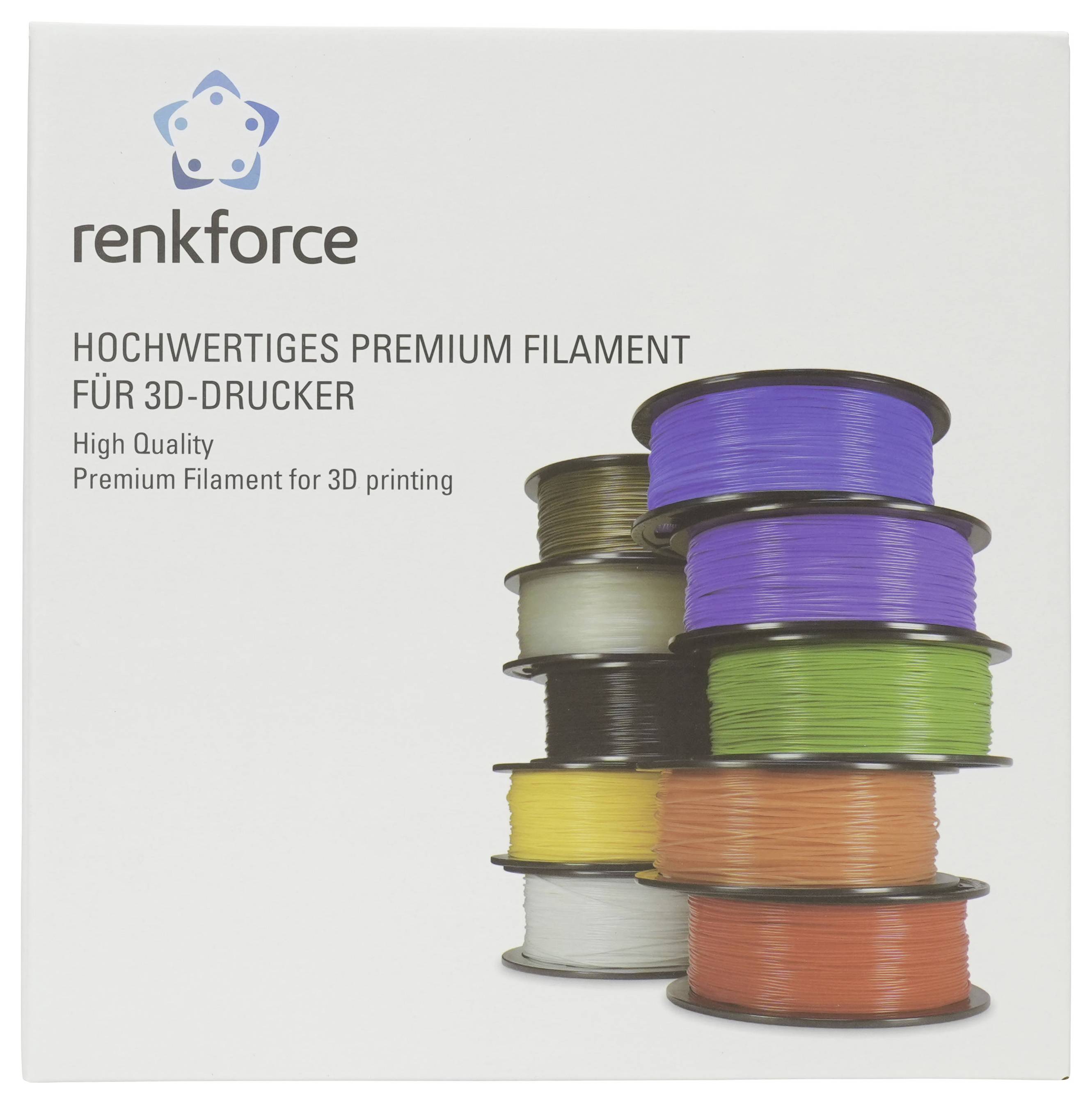 Renkforce Premium 3D-Drucker-FilamentVerpackung mit gestapelten Spulen aus mehrfarbigem Filament und deutscher/englischer Produkttext.