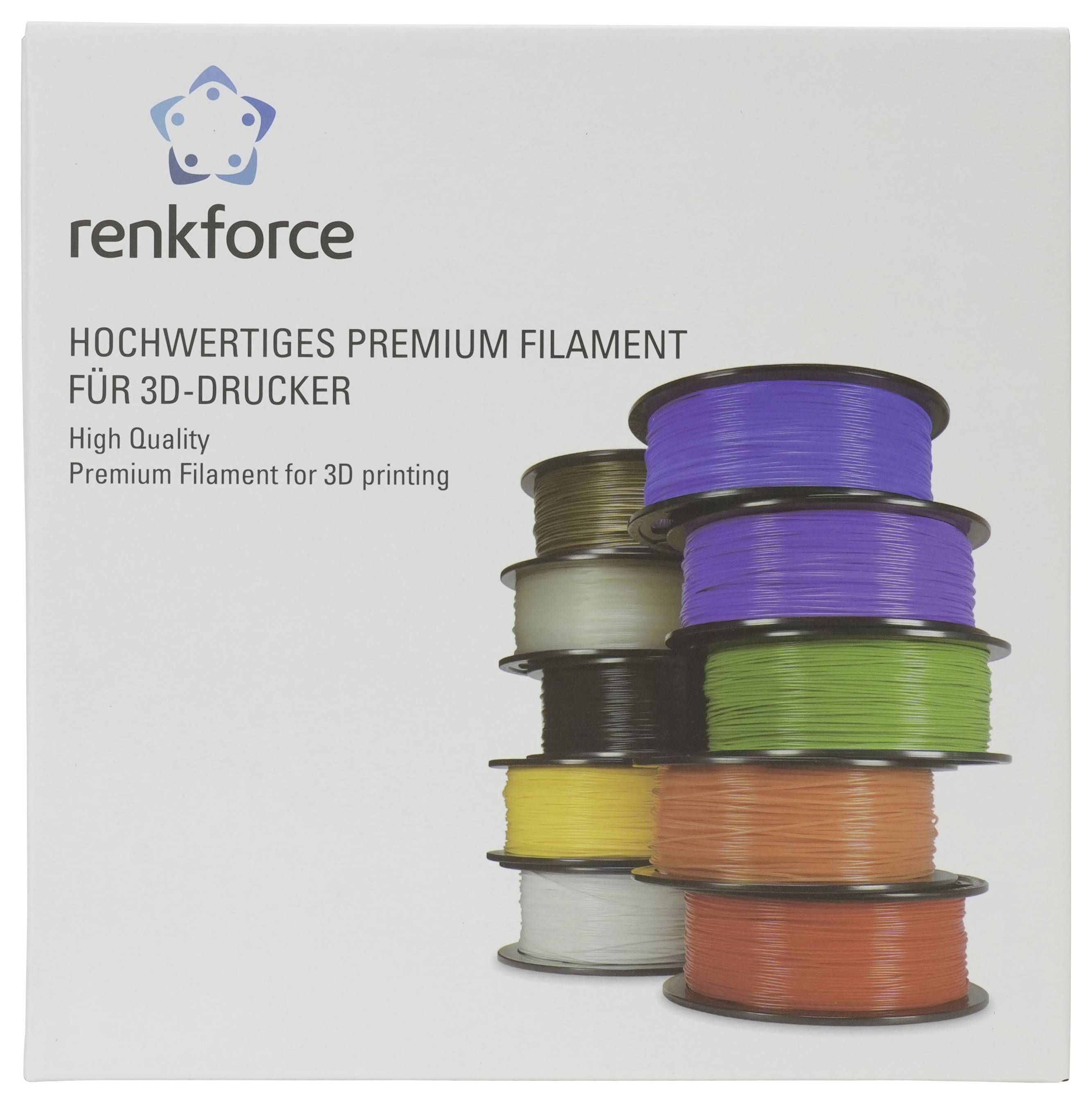 Box mit Renkforce Premium 3D-Drucker-Filament, gekennzeichnet mit „HOCHWERTIGES PREMIUM FILAMENT FÜR 3D-DRUCKER