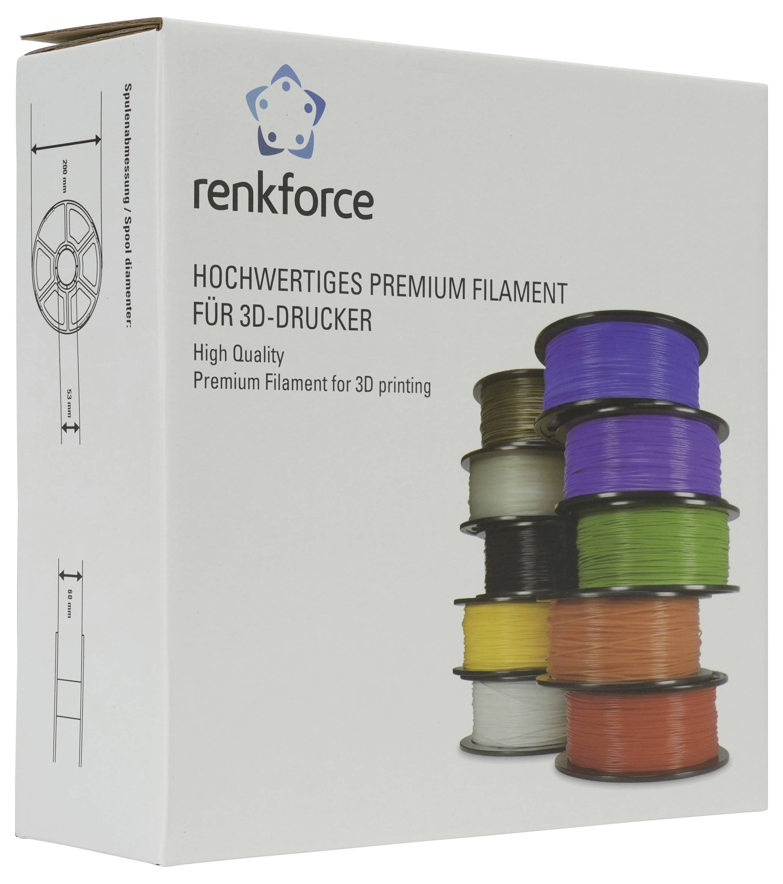 Renkforce Premium 3D-Drucker-Filament-Box mit gestapelten Spulen in mehreren Farben und Text „Hochwertiges Premium Filament für 3D-Drucker