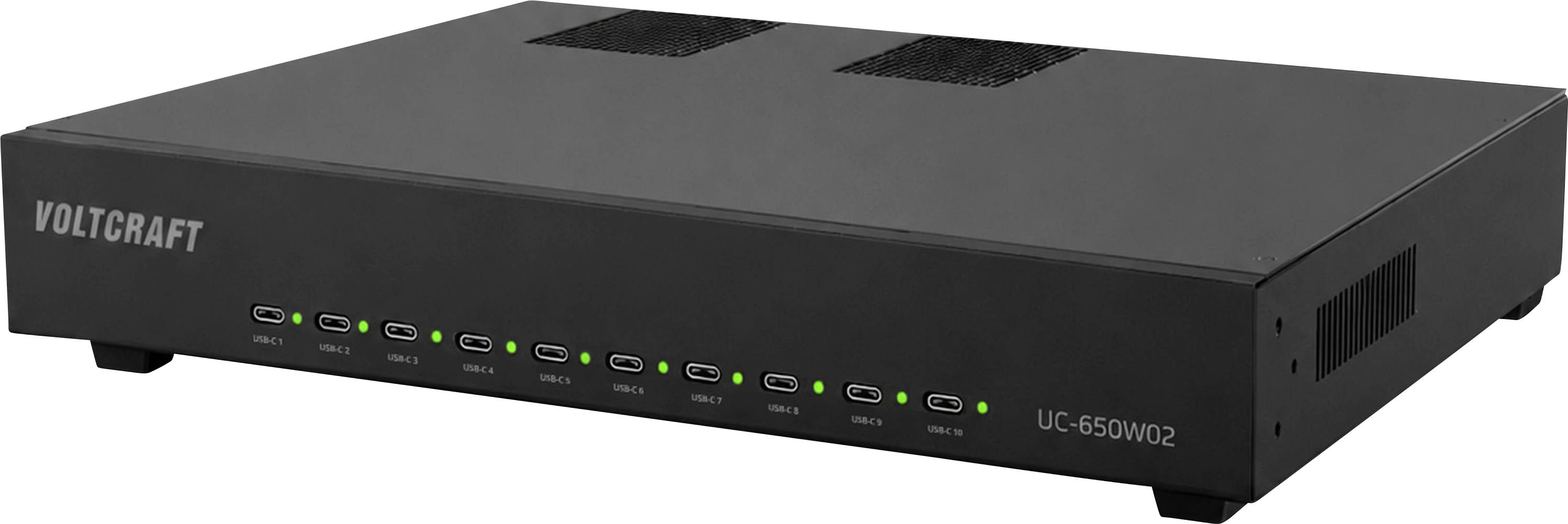 Schwarzes VOLTCRAFT UC-650W02-Gerät in Schrägansicht mit mehreren Status-LEDs und Anschlüssen auf der Frontplatte