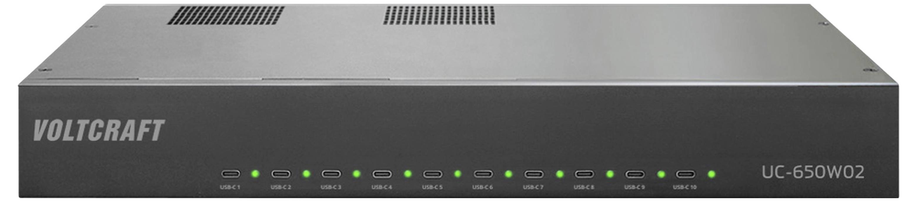 Frontansicht eines VOLTCRAFT UC-650W02 Elektronikgeräts, eine schwarze rechteckige Einheit mit Status-LEDs und Belüftungsschlitzen oben.