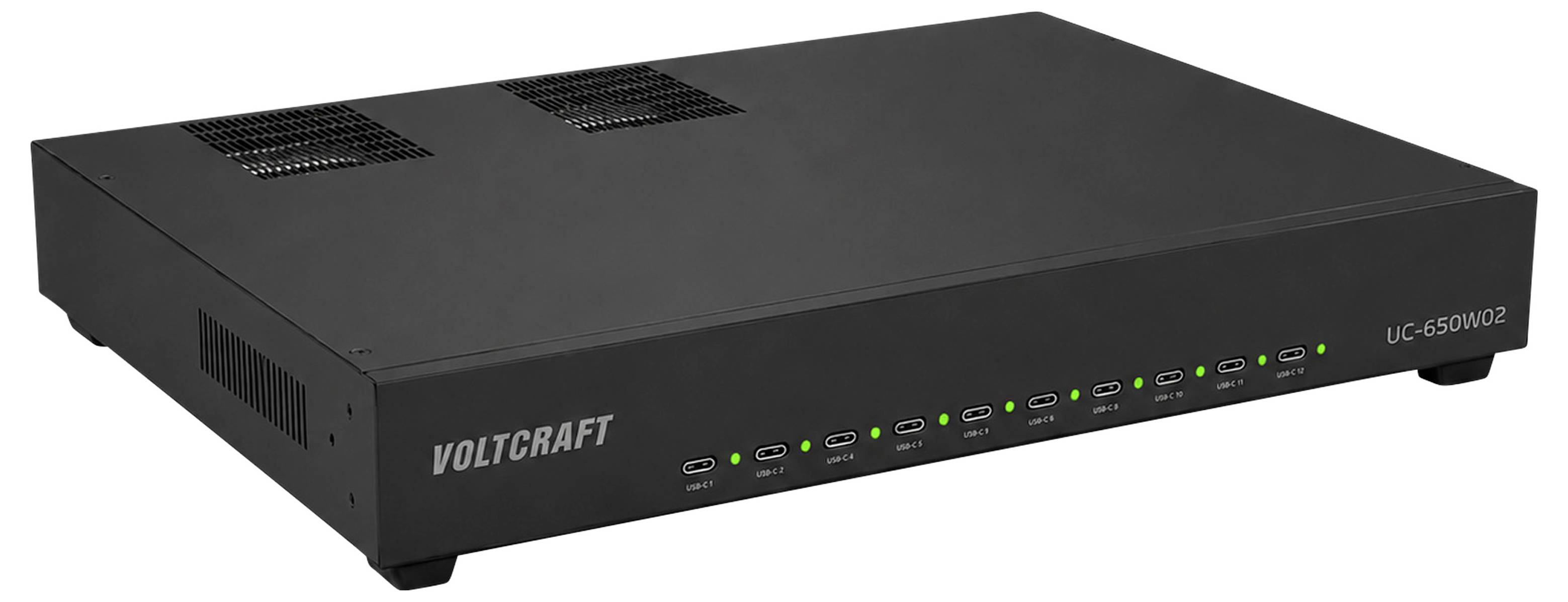 Schwarze VOLTCRAFT UC-650W02 Rackmontagestil-Elektronikeinheit mit vorderen Status-LEDs und Belüftungsschlitzen.