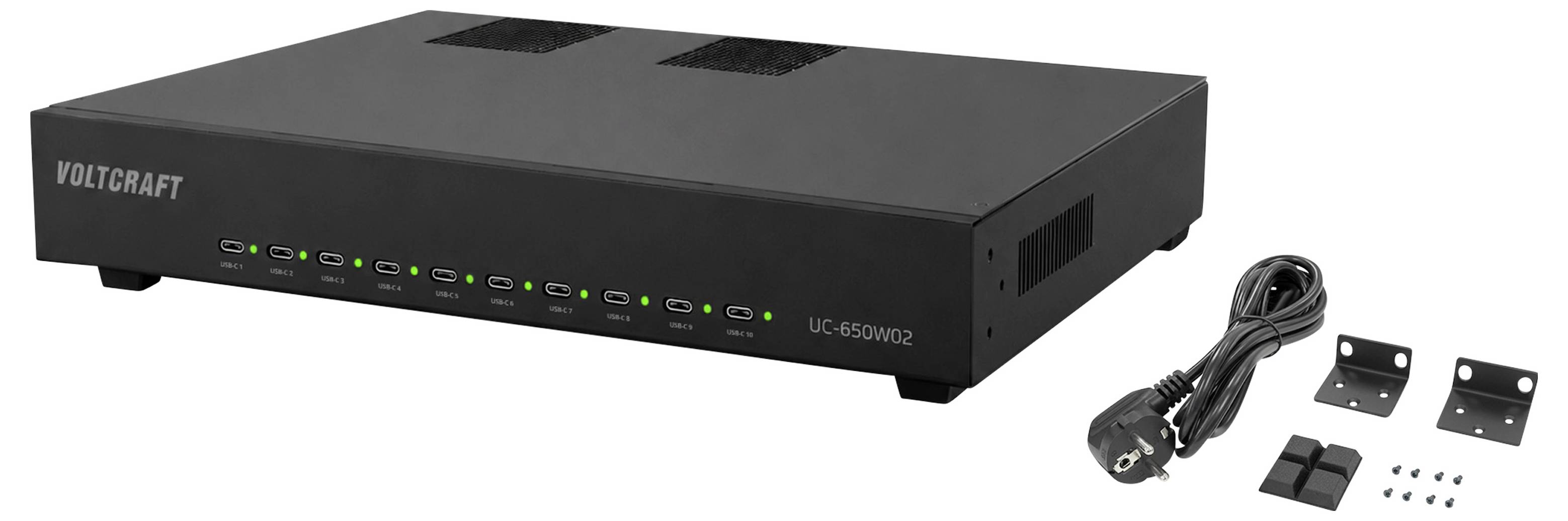 Voltcraft UC-650W01? schwarzes elektronisches Gerät mit Stromkabel, Wandhalterungen und Befestigungsschrauben, wahrscheinlich ein Ladegerät oder Netzteil.
