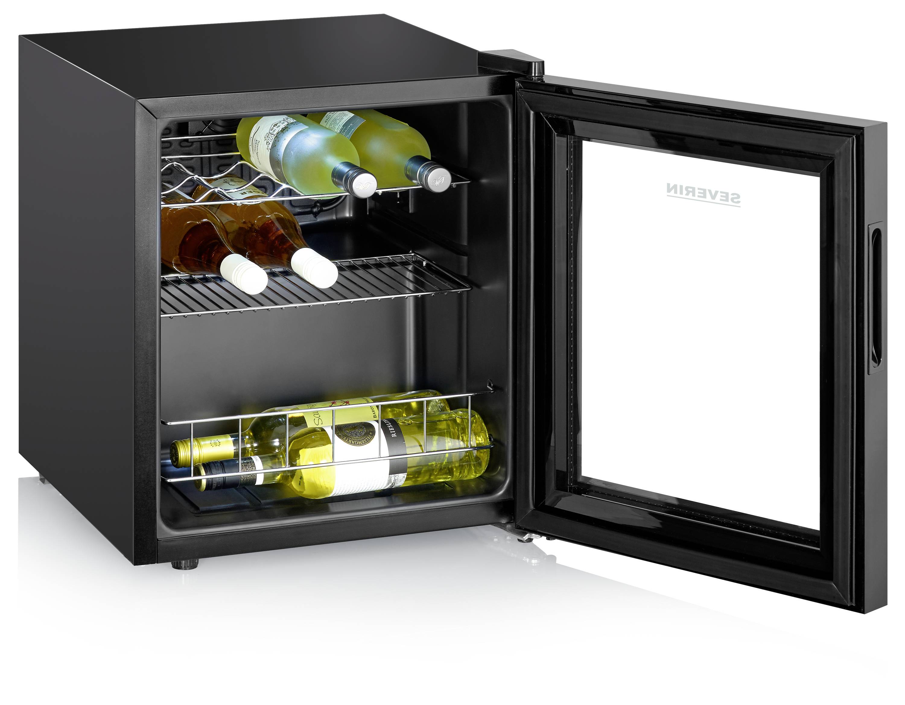 Offener schwarzer Weinkühlschrank mit Glastür, der drei Regale mit mehreren Weinflaschen zeigt und ein sichtbares 