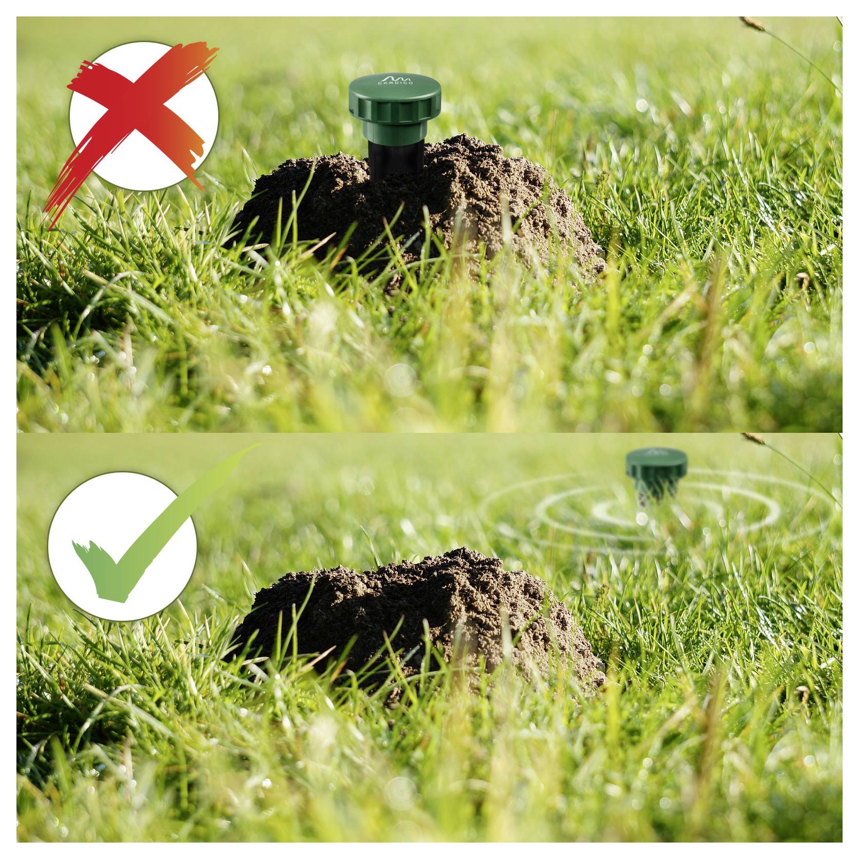 Geteiltes Bild zur Beregnungsanlagenanordnung: oben mit rotem X markiert, Sprinkler freiliegen neben Erdhügel; unten mit grünem Haken markiert, Sprinkler weiter hinten positioniert, um ordnungsgemäße Abdeckung zu schaffen.