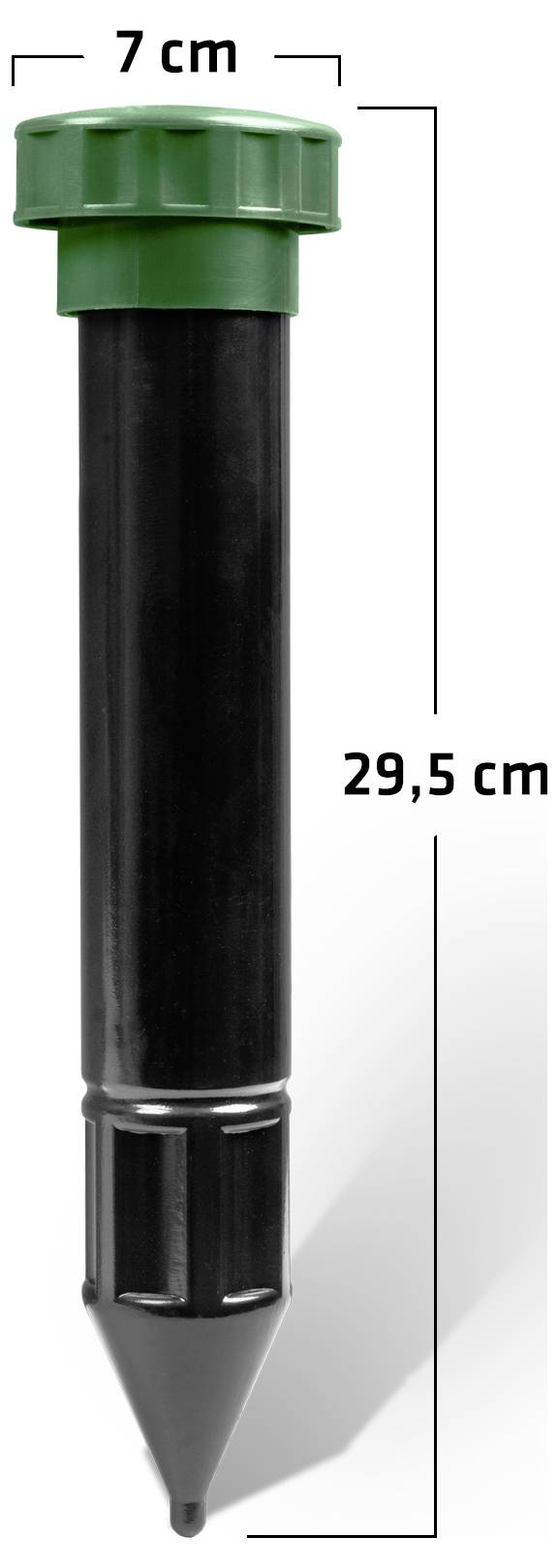 Schwarzer Gartensprinkler-Dorn mit grüner Kappe, aufrecht dargestellt mit beschrifteten Abmessungen von 7 cm Breite und 29,5 cm Höhe.