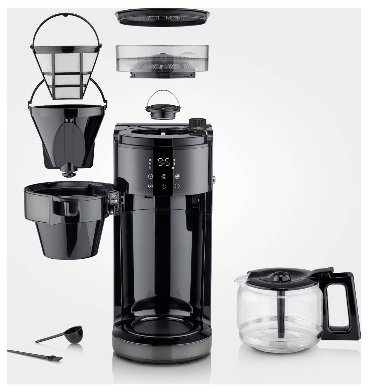 Schwarze Einzelportionen-Kaffeemaschine mit abnehmbarem Brühkorb und Wasserbehälter, gezeigt mit abnehmbaren Teilen, Kanne, Messlöffel und Filterzubehör.