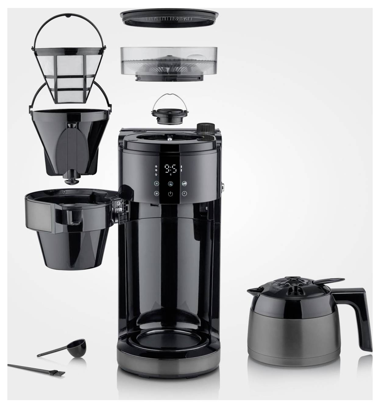 Schwarze Kaffeemaschine mit abnehmbaren Teilen und Kanne, einschließlich Filterkorb, Wasserbehälter und Edelstahl-Thermoskanne.