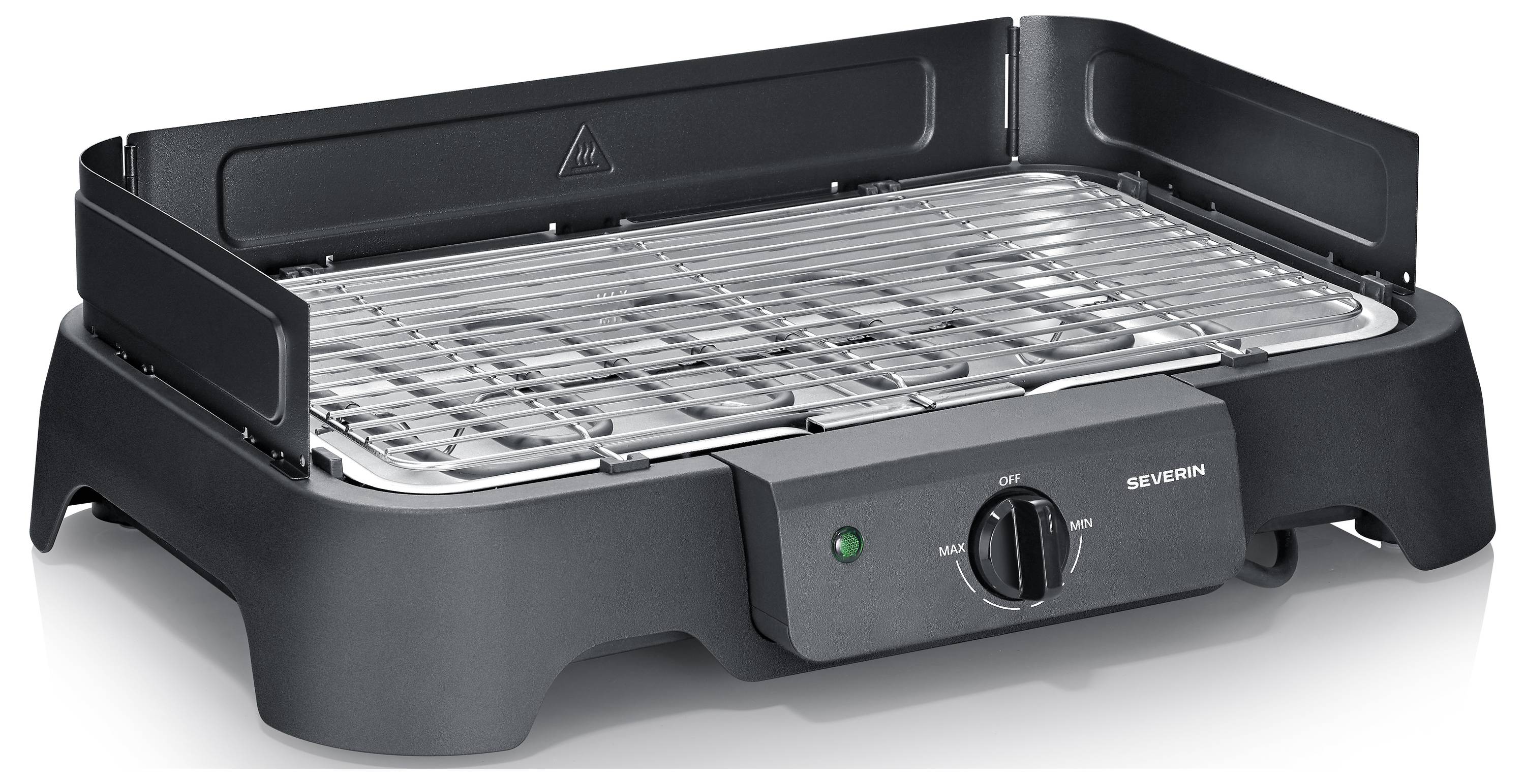 Schwarzer elektrischer Tischgrill mit abnehmbarem Metallrost, seitlichen Windschutzvorrichtungen und vorderem Temperaturregelknopf.