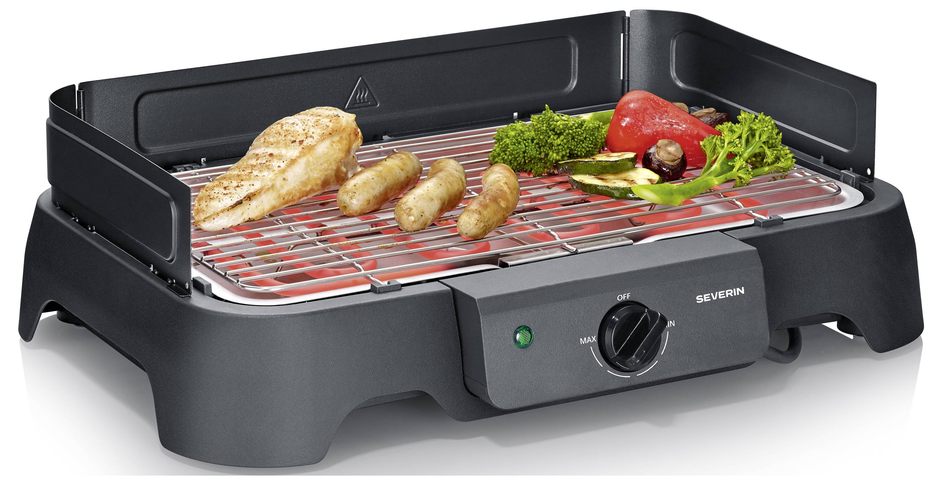Elektrischer Tischgrill mit Heizrost, zum Kochen von Hähnchen, Würstchen und Gemüse, dargestellt mit Temperaturregelknopf und Kontrollleuchte.