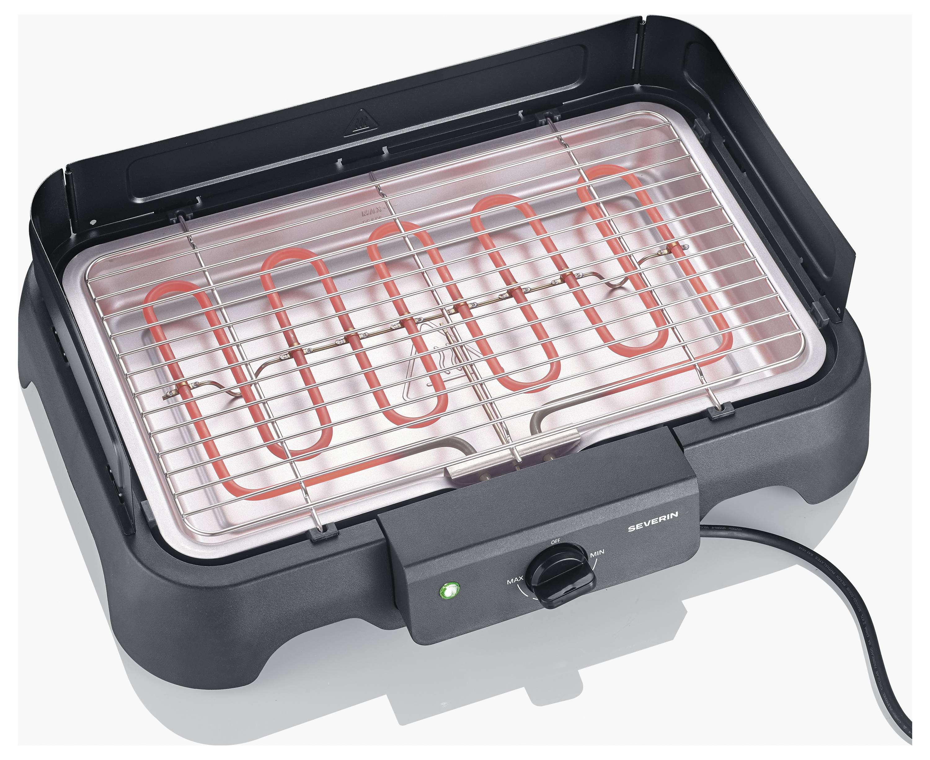 Elektrischer Tischgrill oder Toasterofen mit glühendem roten Heizelement und vorderer Bedienknopf, dargestellt auf weißem Hintergrund.