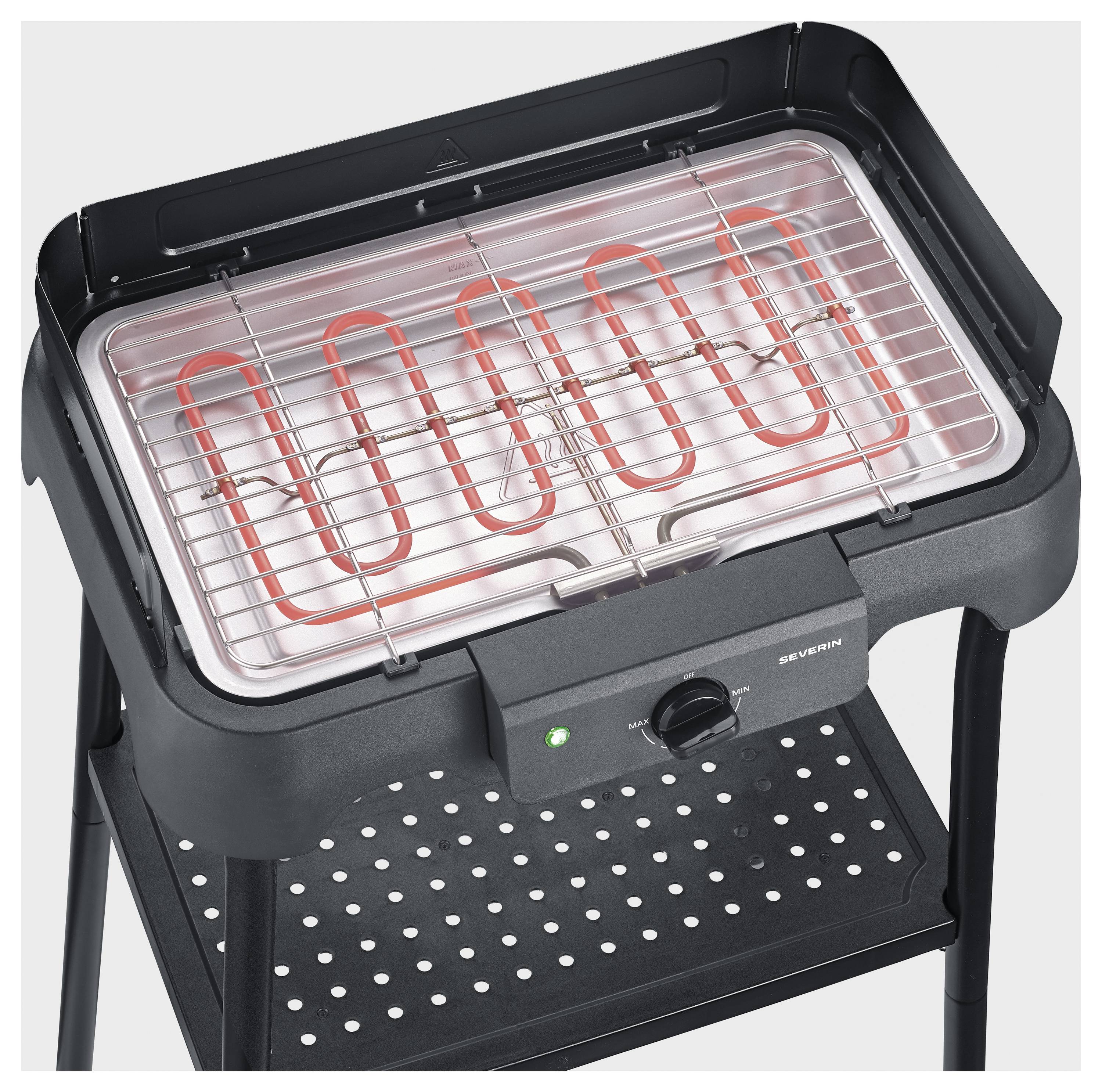 Elektrischer Tischgrill mit leuchtendem Heizelement unter einem Drahtgitter, mit einem vorderen Bedienungsknopf und einem unteren Regal auf einem Ständer.