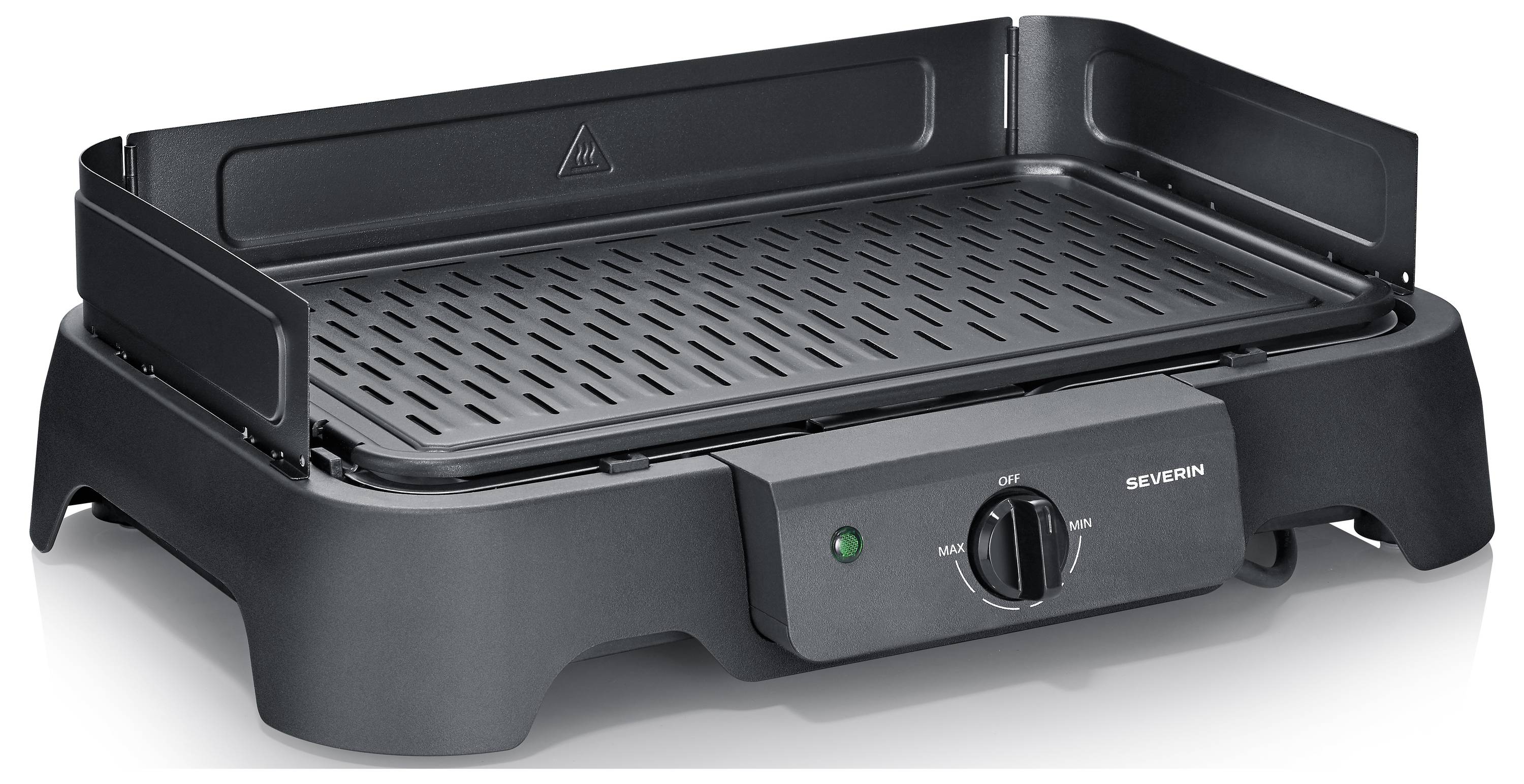 Schwarzer elektrischer Tischgrill mit abnehmbarer Grillplatte mit Lochung, seitlichen Spritzschutzwänden und Frontregler mit MIN/MAX-Anzeige.