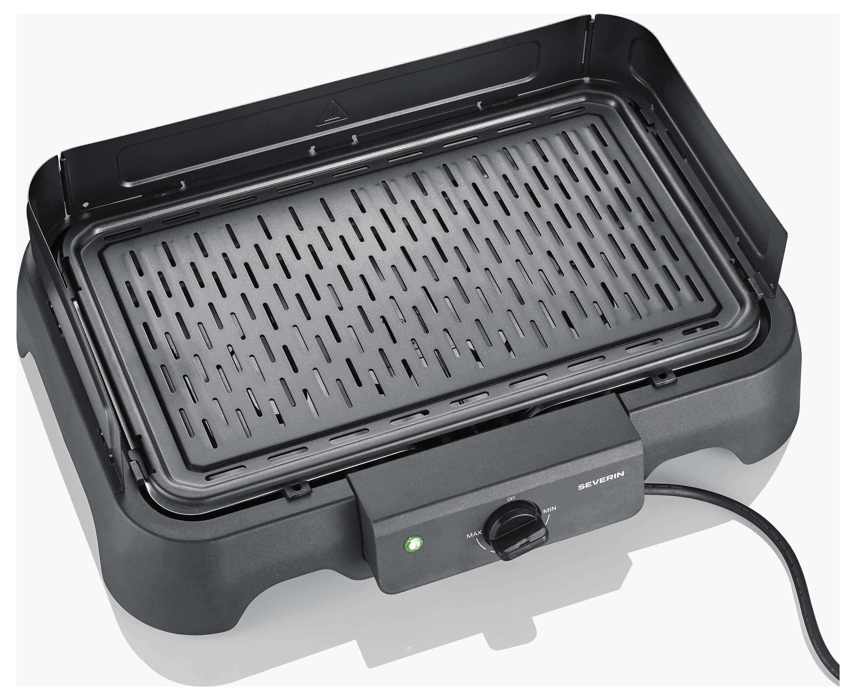 Schwarzer elektrischer Tischgrill mit belüfteter Kochfläche, Temperaturregler, grüner Kontrollleuchte und Stromkabel.