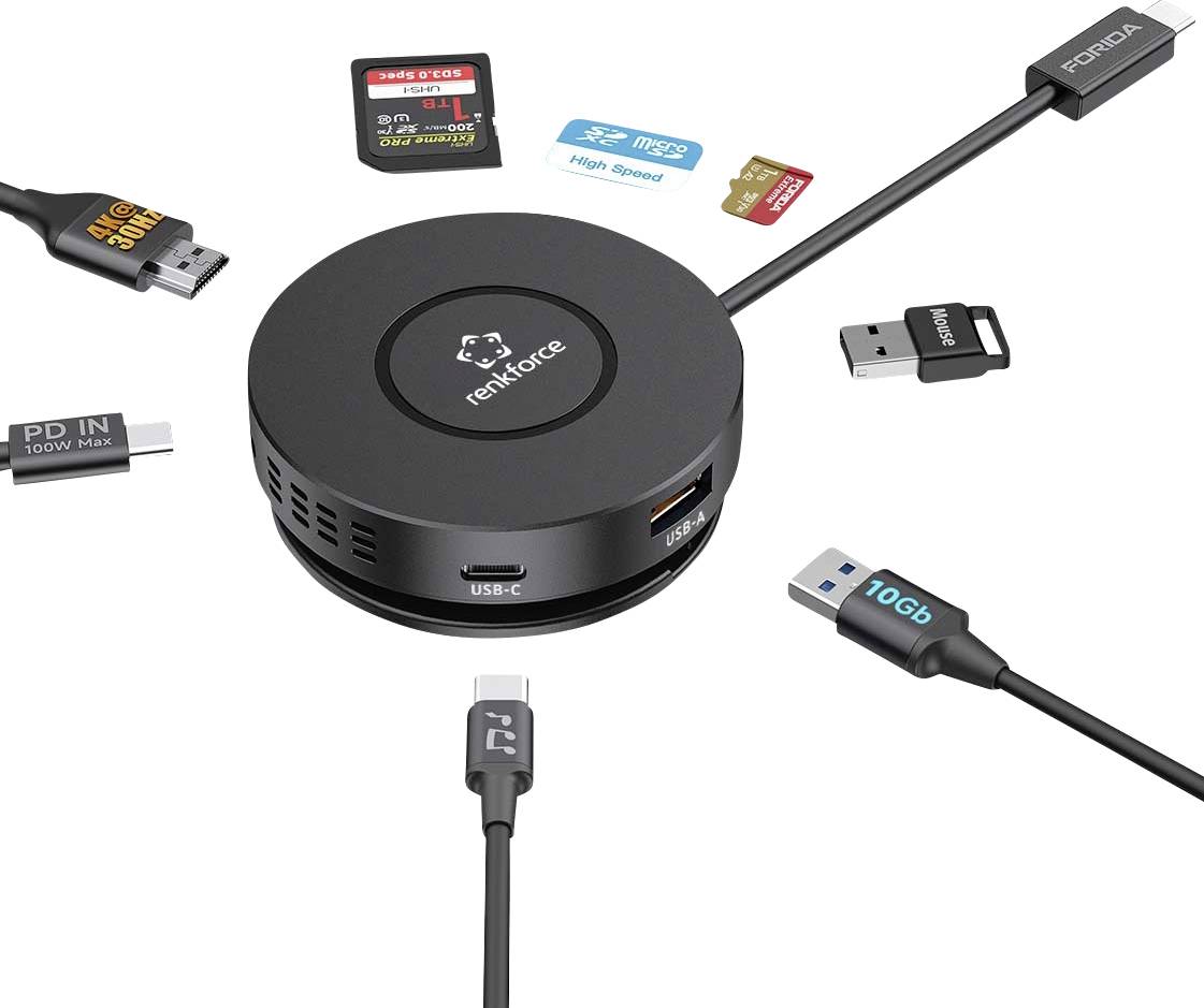 Runder USB-C-Hub mit mehreren Anschlüssen, abgebildet mit Adaptern für SD, microSD, USB-A, Ethernet und Stromeingabe auf weißem Hintergrund.