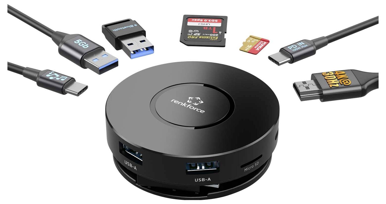 Renkforce RF-7533296 USB-Hub 7+1 Port USB-C® USB 3.0 10 GBit/s mit eingebautem Konverter Schwarz RF-7IN1USBCH