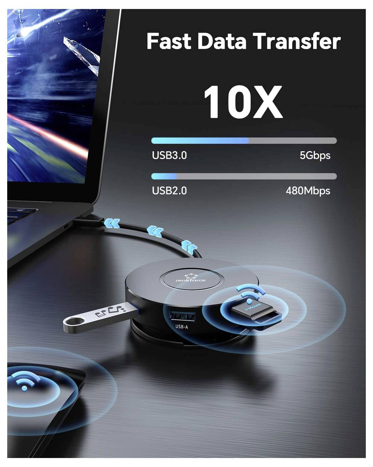 Renkforce RF-7533296 USB-Hub 7+1 Port USB-C® USB 3.0 10 GBit/s mit eingebautem Konverter Schwarz RF-7IN1USBCH