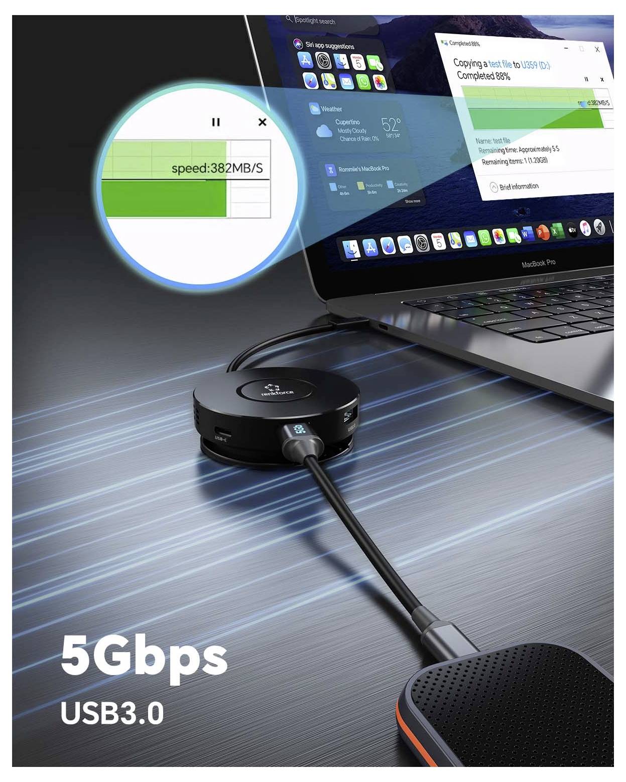 Renkforce RF-7533296 USB-Hub 7+1 Port USB-C® USB 3.0 10 GBit/s mit eingebautem Konverter Schwarz RF-7IN1USBCH