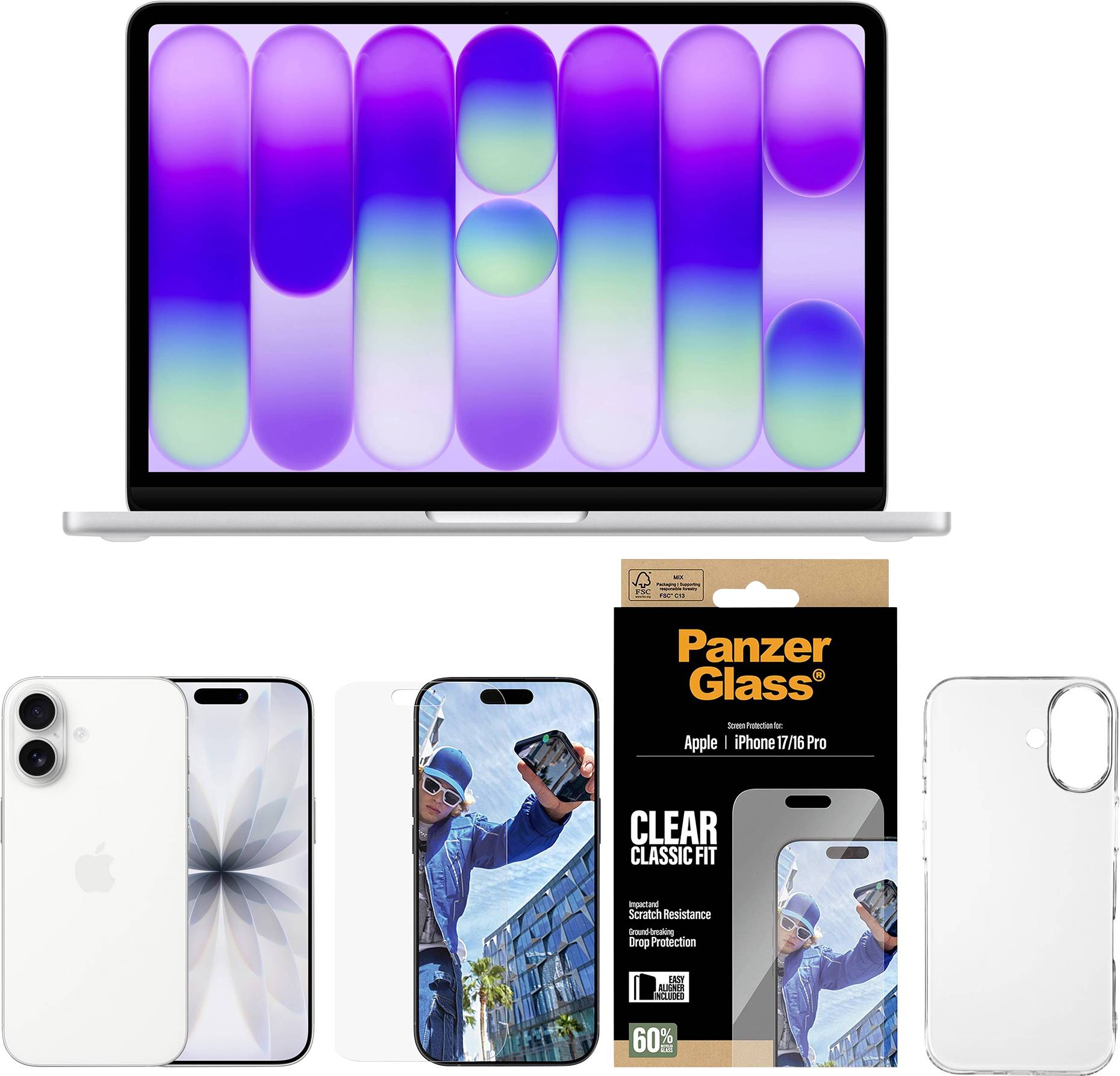 Apple-Laptop und iPhone-Reihe mit PanzerGlass Clear Classic Fit Displayschutzfolien-Verpackung und transparenten Handyhüllen auf weißem Hintergrund.