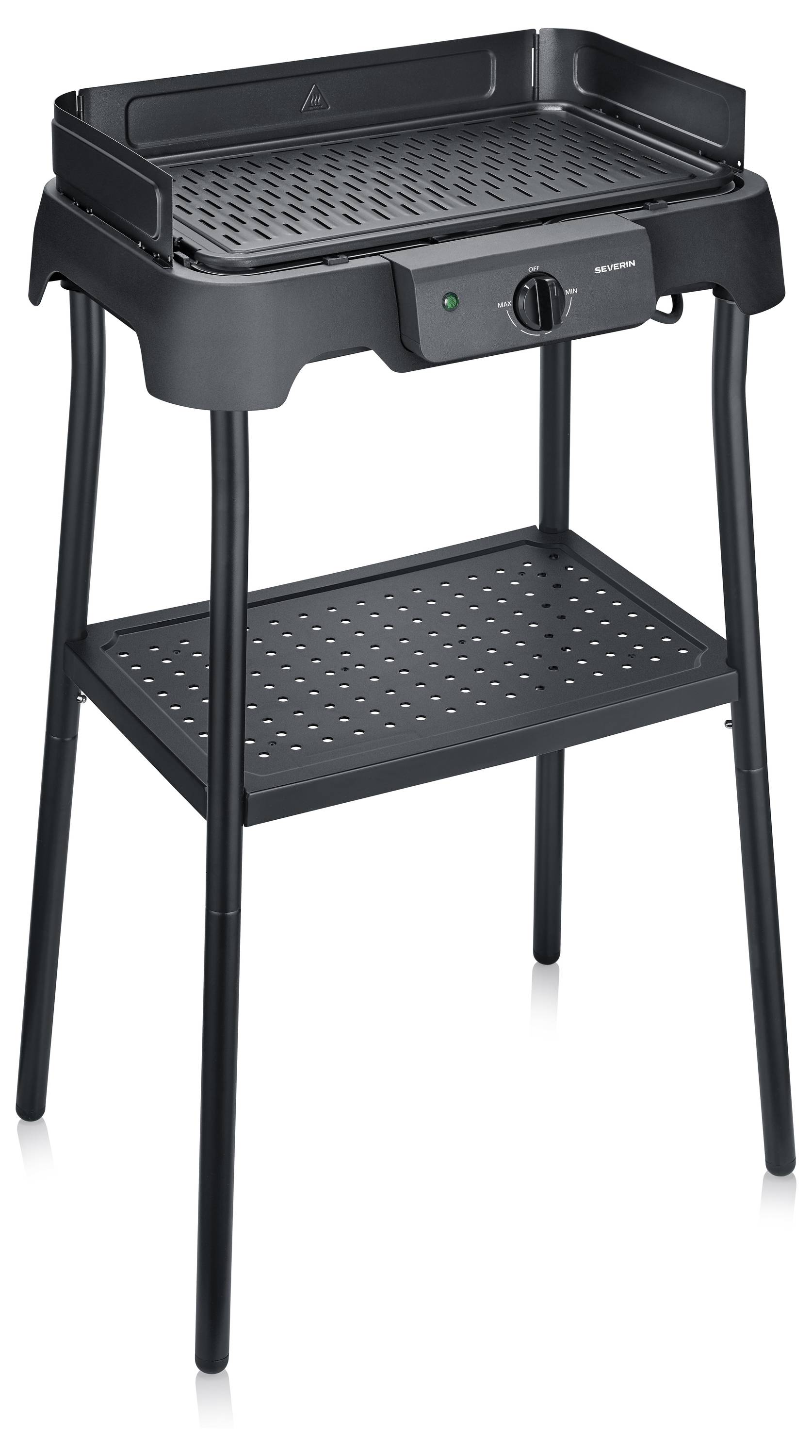 Schwarze elektrische Tischplattengrill auf hohem Ständer mit Bedienungsknopf, seitlichen Spritzschutzleisten und unterem Lagerfach.