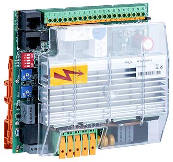 Industrial control module with a clear protective cover, terminal blocks, and Ethernet ports for connecting electrical wiring and automation components.