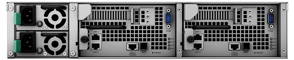 Rückansicht eines modularen Server-Chassis mit zwei austauschbaren Netzteilen auf der linken Seite und zwei identischen Netzwerk-/Server-Modulen mit Anschlüssen und Belüftung auf der rechten Seite.