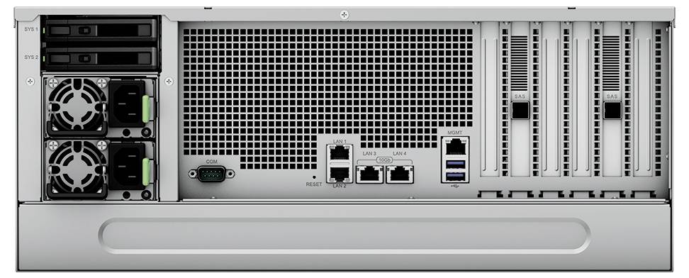 Frontansicht eines Rack-Server-Gehäuses mit mehreren Laufwerkschächten, Kühlventilatoren, Ethernet-Anschlüssen, USB-Anschlüssen und PCI-Erweiterungssteckplätzen.