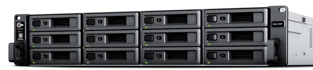 Frontansicht eines Rack-montierten Speicherservers mit mehreren austauschbaren Festplattenschächten und Statusleuchten, dargestellt in einem schwarz-silbernen Gehäuse.
