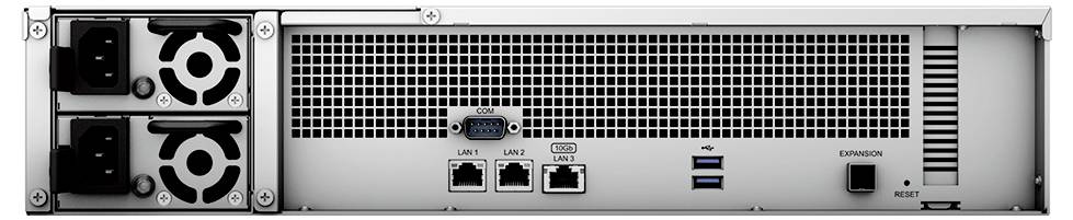 Rückansicht eines Rack-Servers mit zwei Stromversorgungen, Ethernet- und USB-Anschlüssen, einem Erweiterungsslot und einer Reset-Taste.