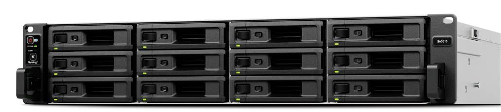 Vorderansicht eines Rack-Mount-Speicherservers mit zwölf Hot-Swap-Laufwerkschächten und Statusleuchten auf der linken Seite, dargestellt vor weißem Hintergrund.
