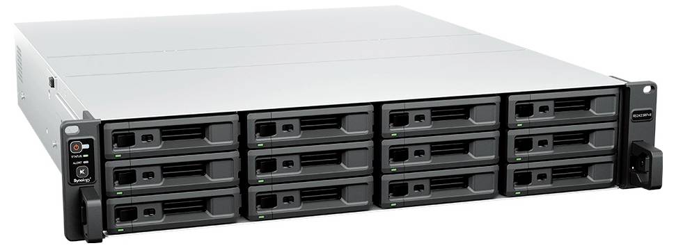 Frontansicht eines Rack-Mount-Speicherservers mit 12 Hot-Swap-Laufwerkschächten und Stromreglern, gezeigt in einem Metallgehäuse.